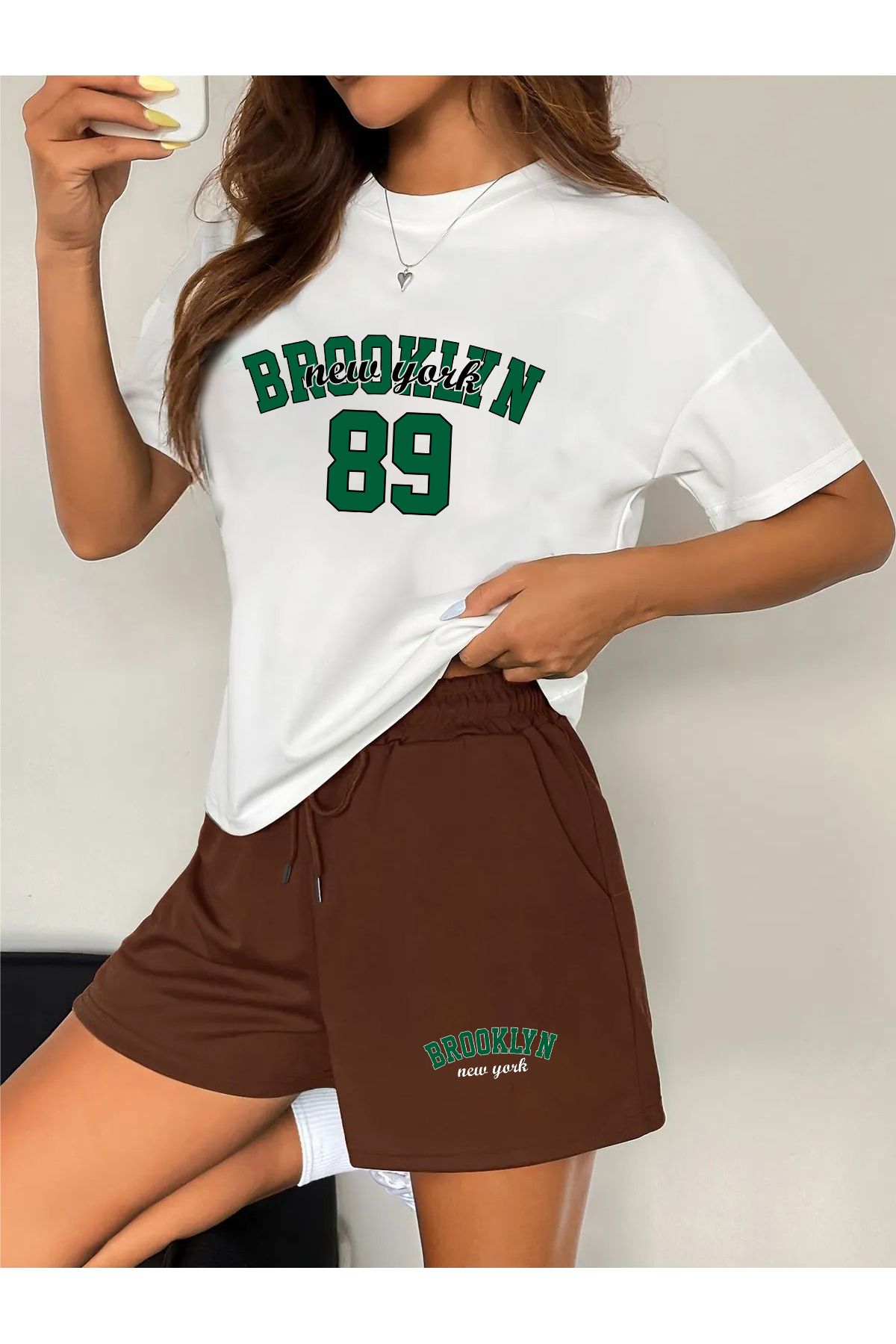 darkopia Kadın Brooklyn New York 89 Baskılı Özel Tasarım Oversize Tshirt Ve Şort Alt -Üst Takım