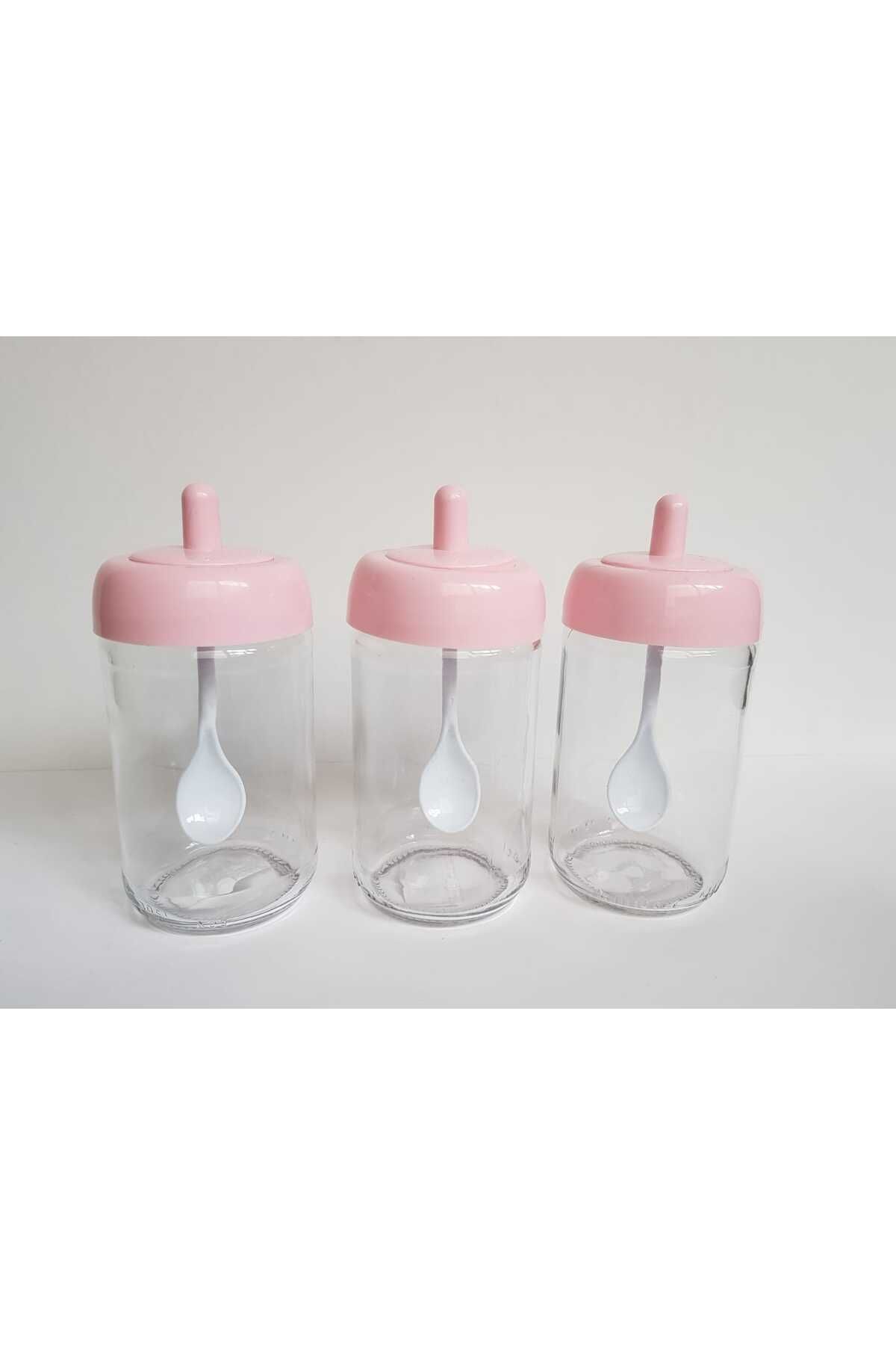 abenim 3 Adet Pembe Kendinden Kaşıklı Baharatlık Seti - 330 ml - Cam Kavanoz