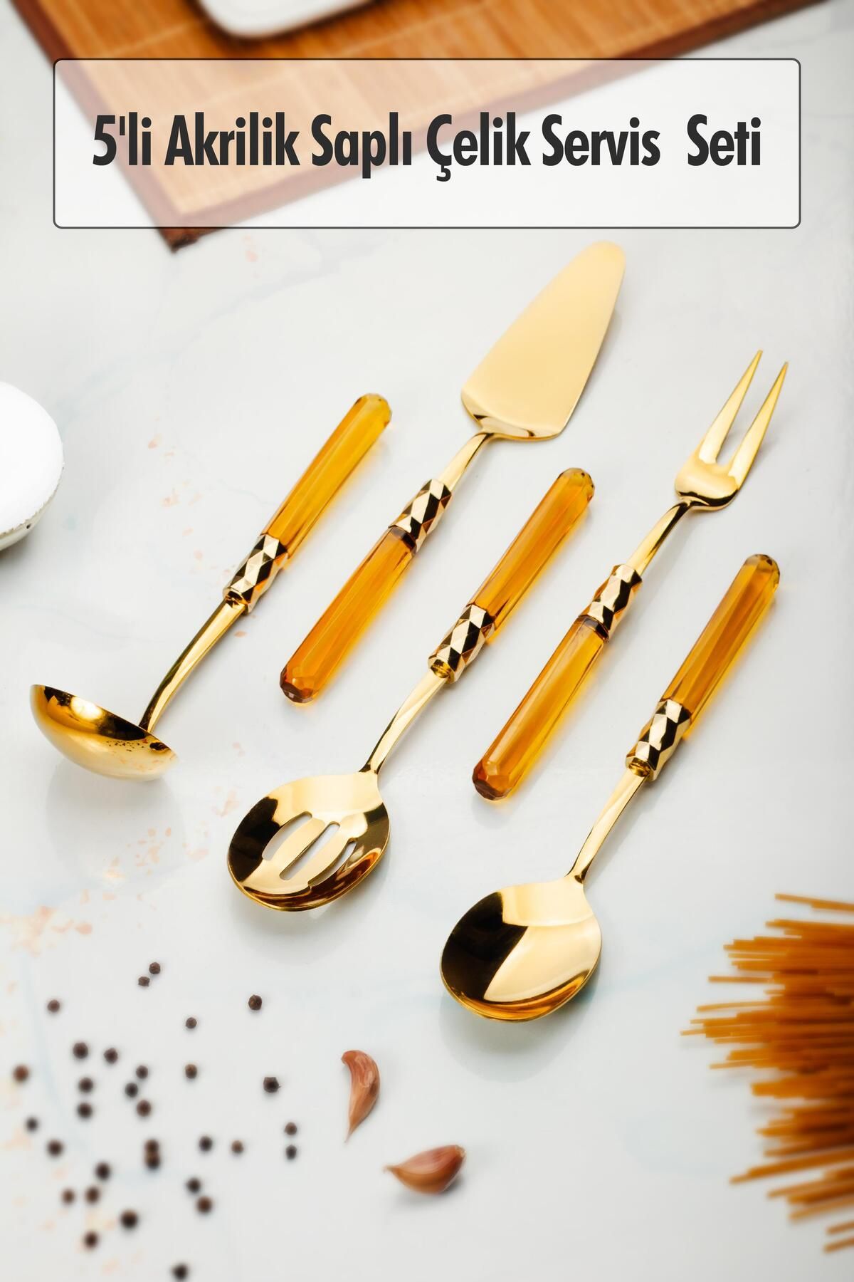 Shop58 5 Parça Gold Servis Seti & Servis Sunum Seti Amber ( Kepçe / Kevgir / Sıpatula / Çatal / Kaşık )
