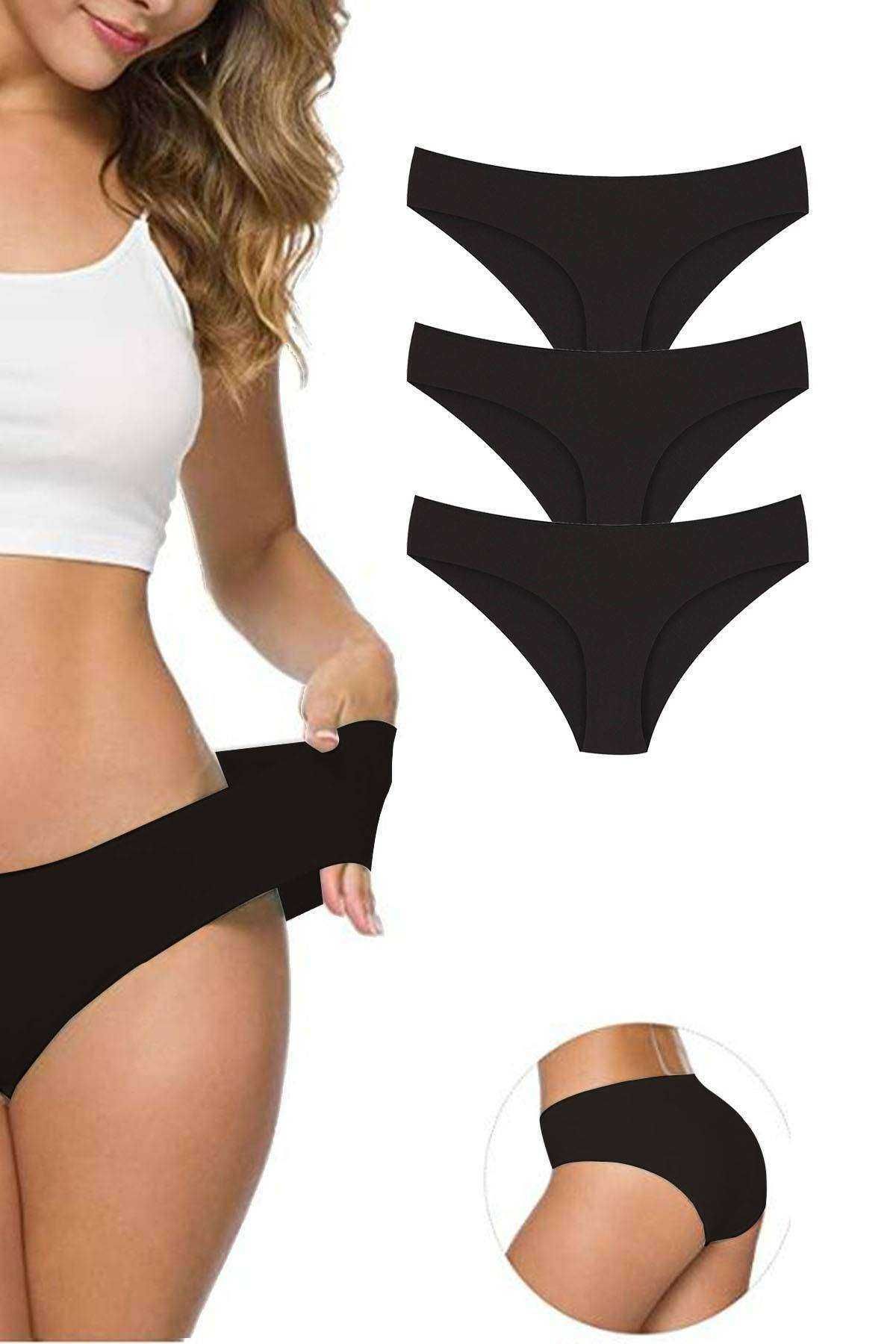 Shop58 3 Adet Kadın Dikişsiz Lazer Kesim Esnek İz yapmayan Külot Siyah