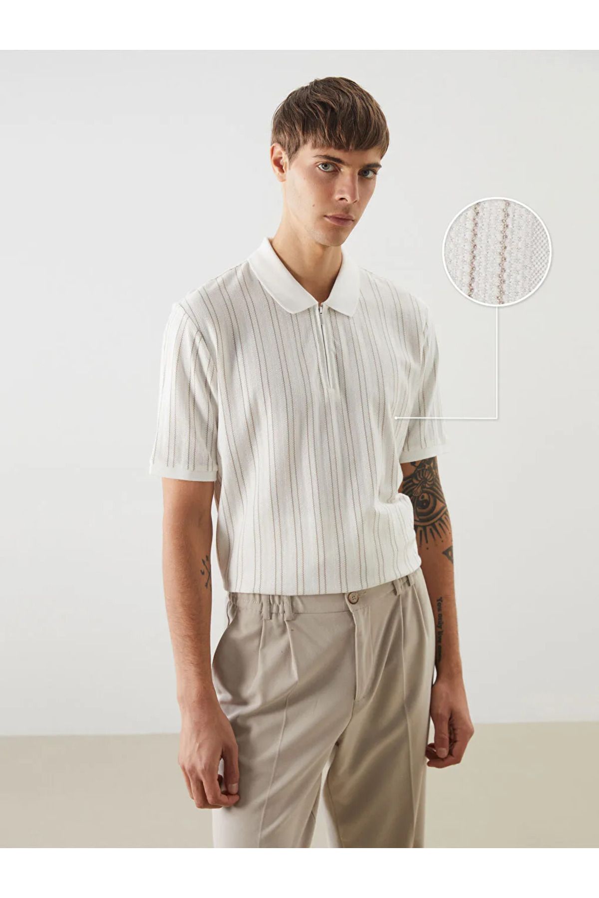 LC Waikiki LCW Vision Ekru Polo Yaka Çizgili Erkek Dokulu Tişört