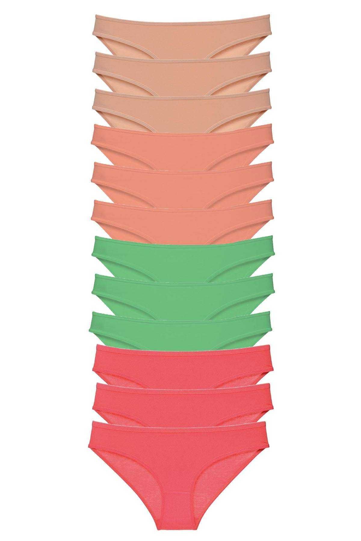 Shop58 12 adet Süper Eko Set Likralı Kadın Slip Külot Ten Pudra Yeşil Fuşya