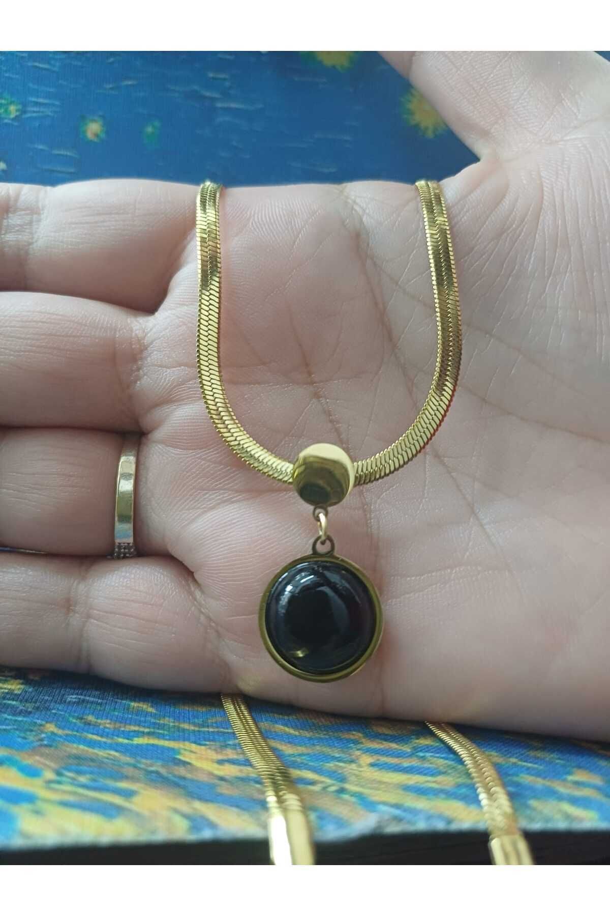 ERASLAN Siyah Taşlı İtalyan Zincir Çelik Kolye ( YAZIYI SATICIYA SORU SORARAK İLETİNİZ)