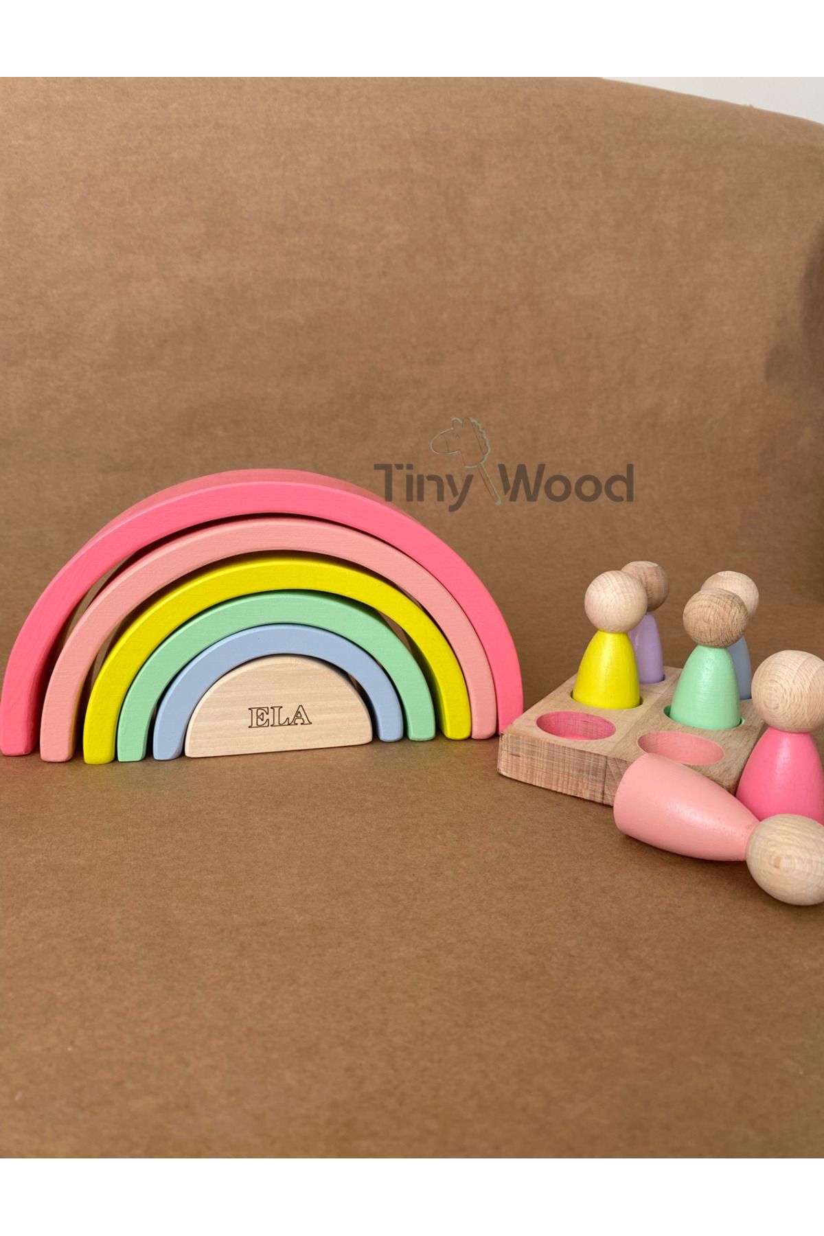 tiny wood İsme Özel Waldorf 6 Parçalı Gökkuşağı ve 6’lı Peg Bebek Tabla Seti – Eğitici Ahşap Oyuncak