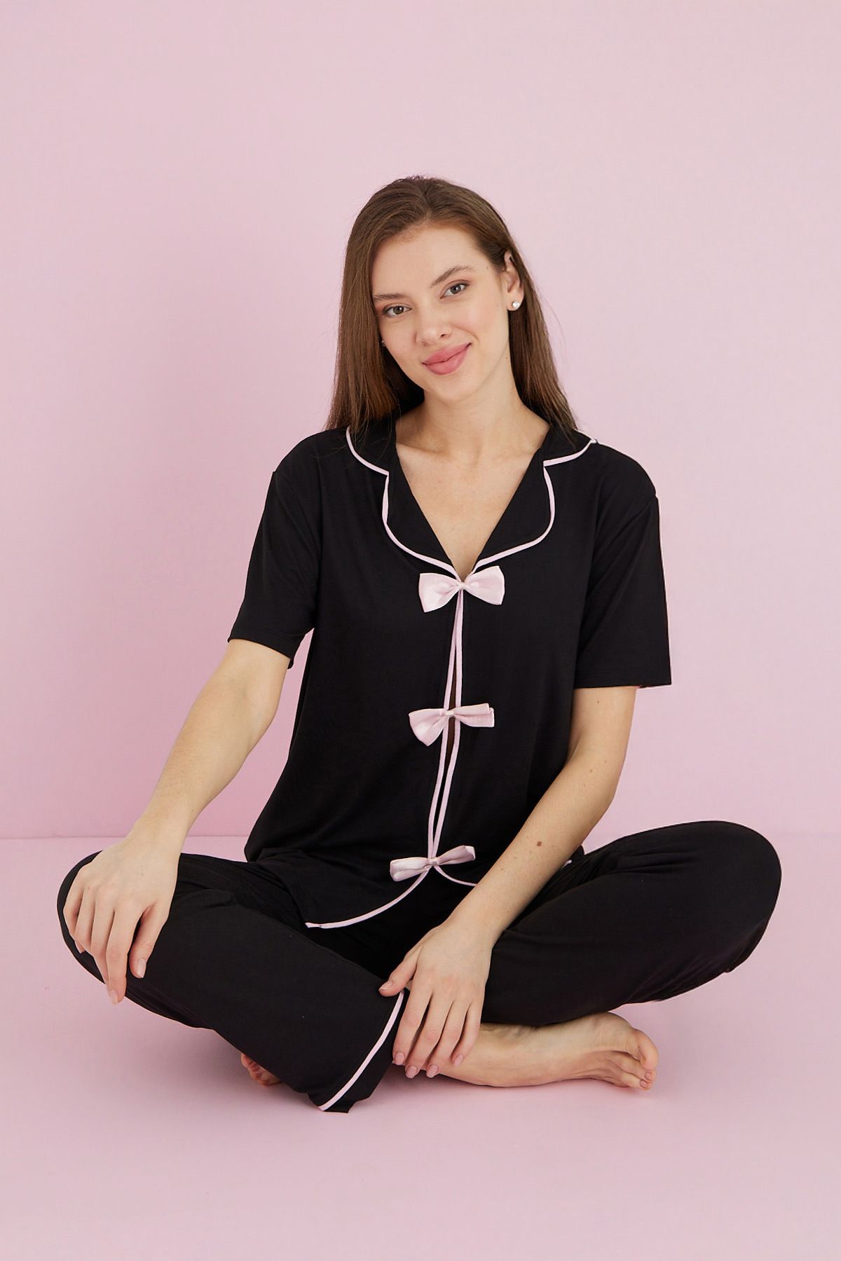 Fulla Moda Fiyonklu Gömlek Yaka Pijama Takımı