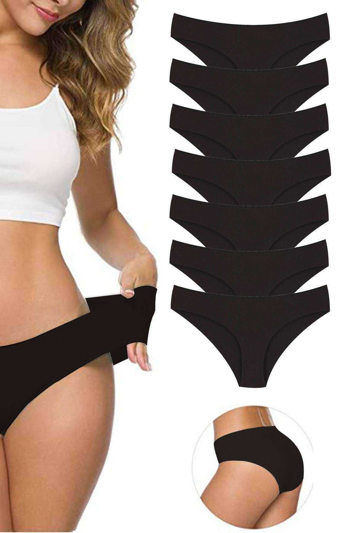 Shop58 7 Adet Kadın Dikişsiz Lazer Kesim Esnek İz yapmayan Külot Siyah