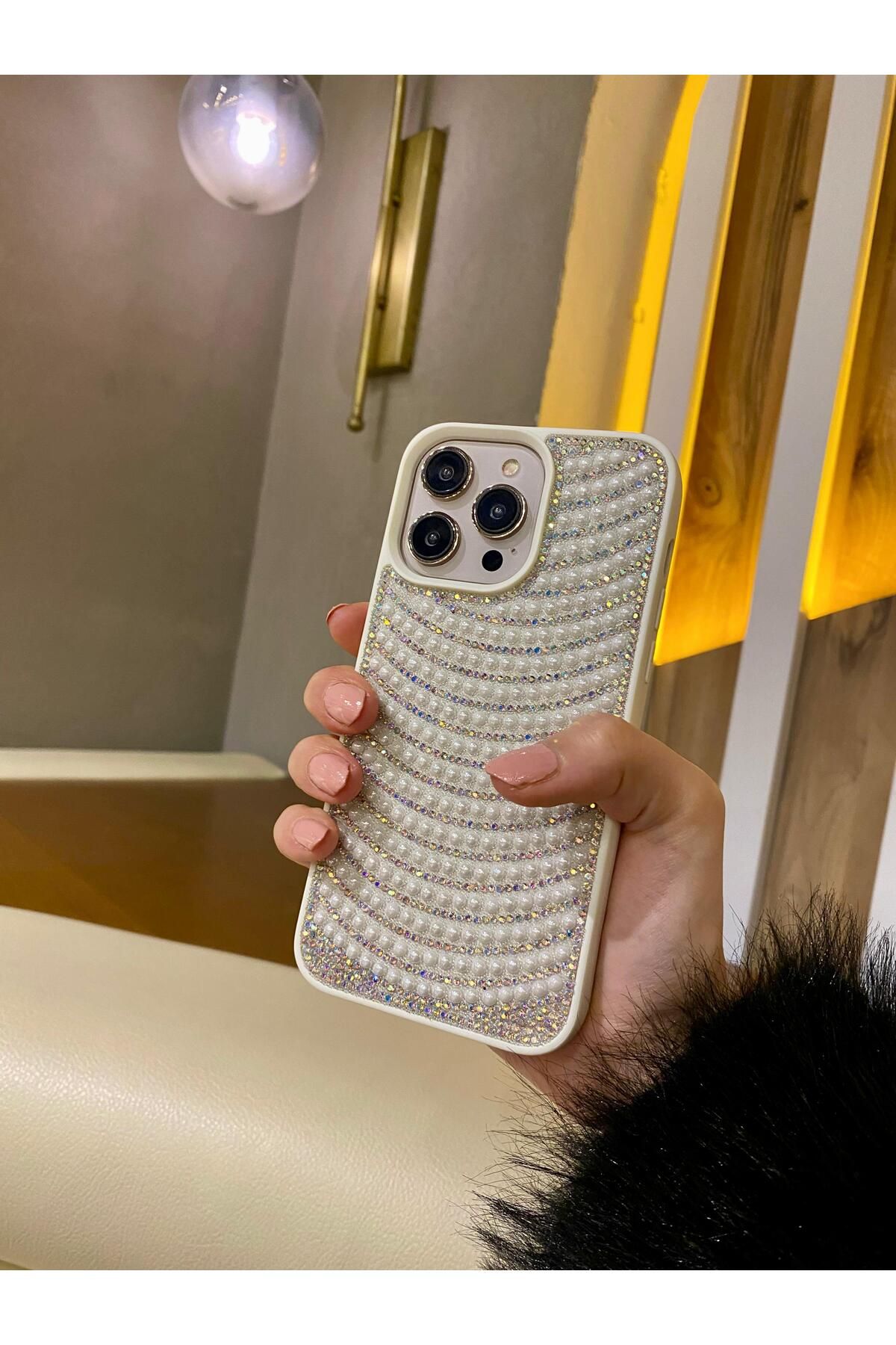 Aksesuar Kasabası İphone 13 Uyumlu Parlak Işıl Taşlı İncili PremiumTelefon Kılıfı