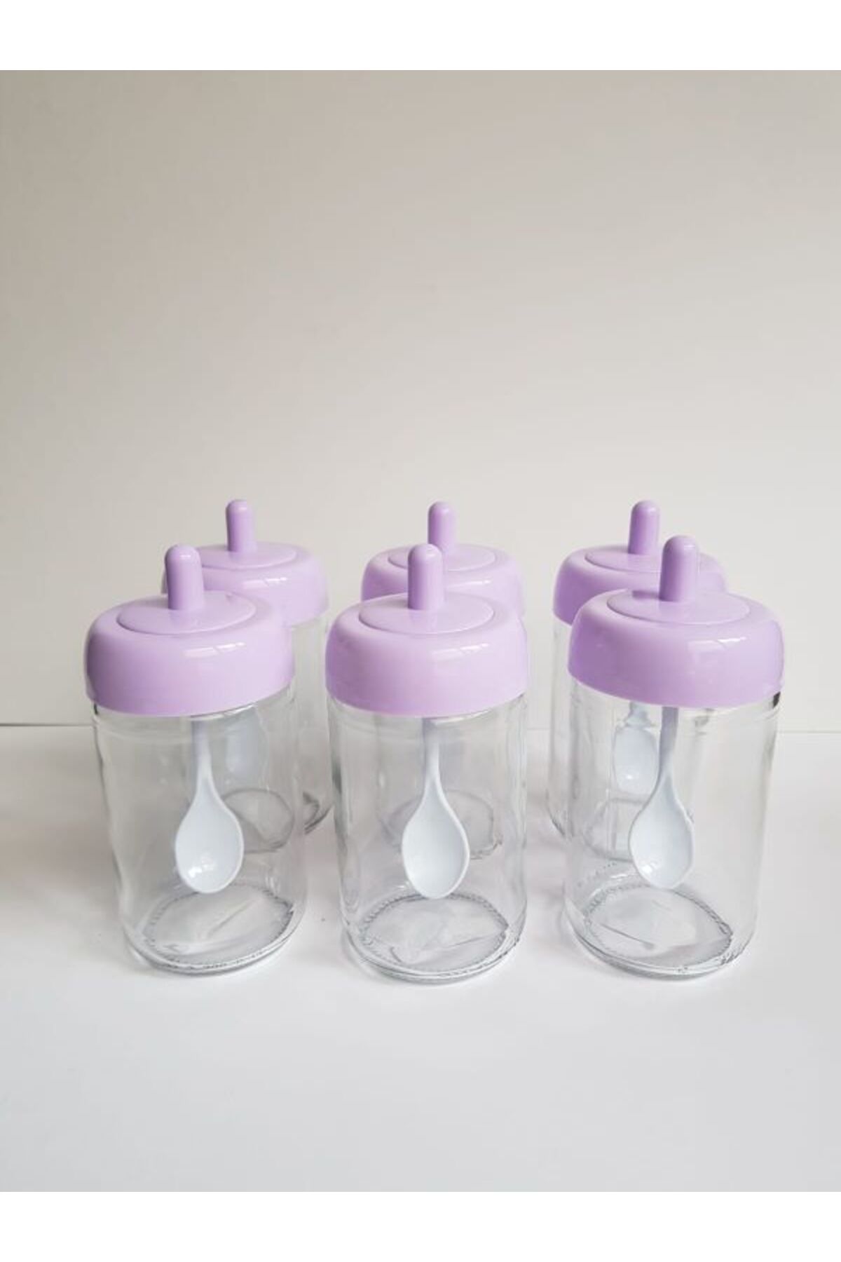 abenim 6 Adet Lila Kendinden Kaşıklı Baharatlık Seti - 330 ml - Cam Kavanoz