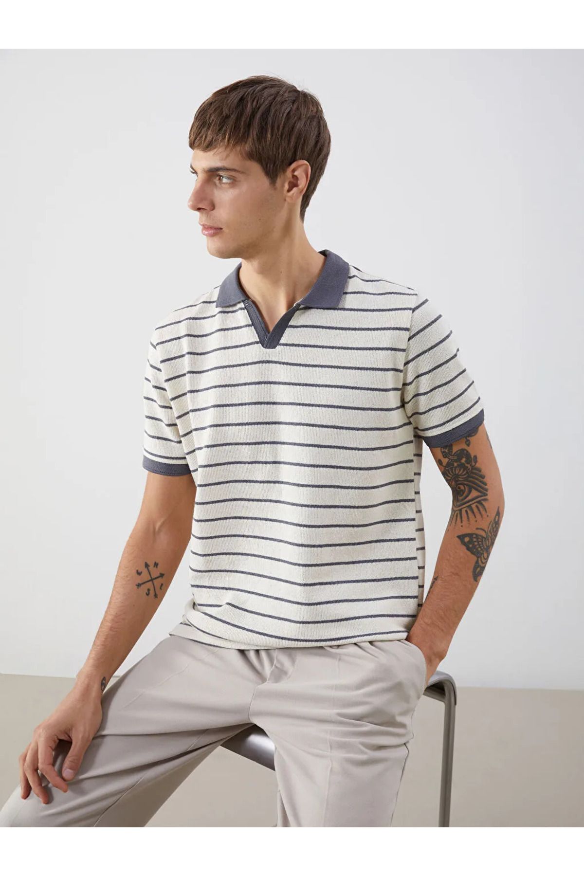 LC Waikiki LCW Vision Indigo Polo Yaka Çizgili Erkek Tişört