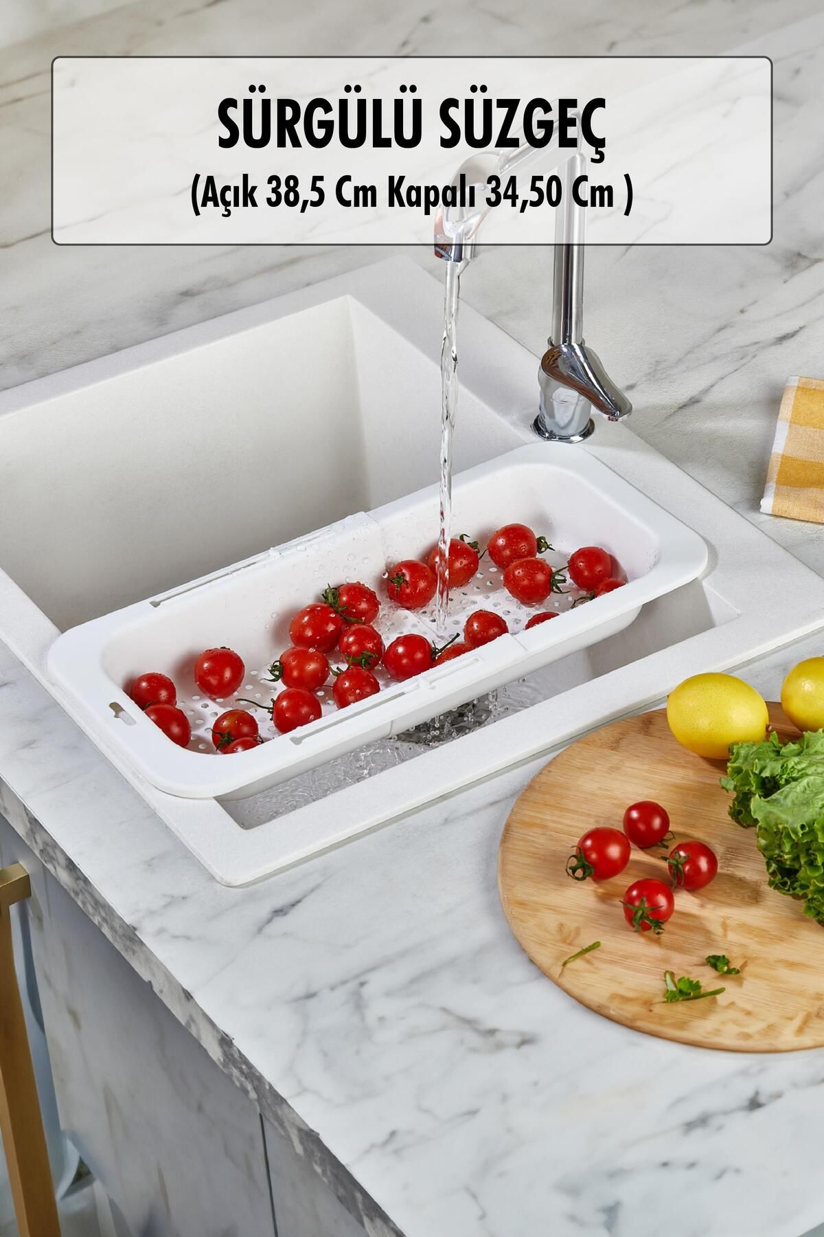 Shop58 Lavoba İçi Sürgülü Açılır Kapanır Sebze Meyve Süzgeci Beyaz (Açık 38,5 Cm Kapalı 34,50 Cm )