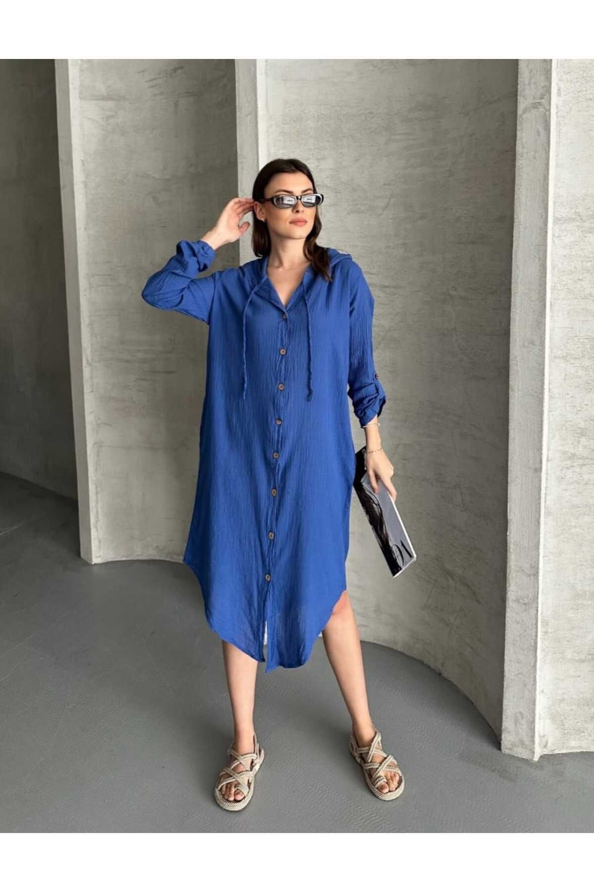 Butik Şans Kapüşonlu Cep Detaylı Mevsimlik Tunik Ceket