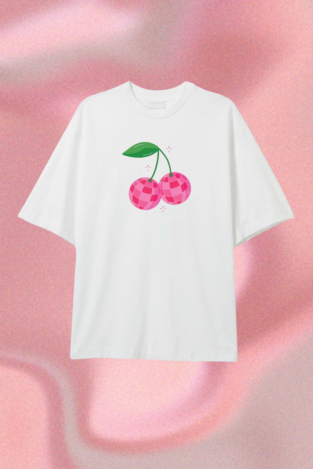 Dupe Design Disco Cherry Baskılı Beyaz Oversize T-shirt