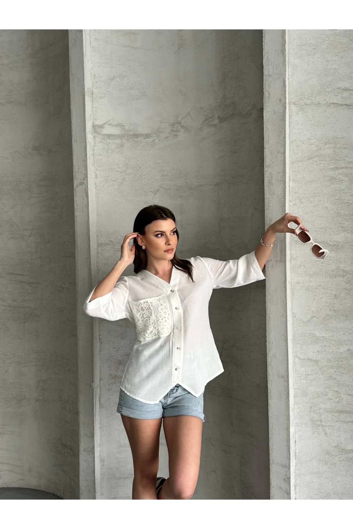 zienna dantel cepli düğmeli keten gömlek