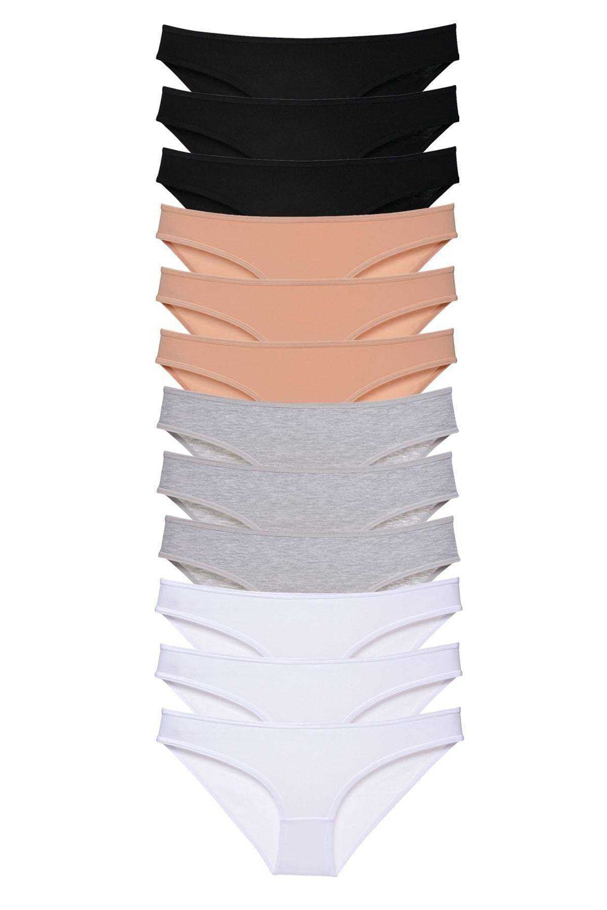 Shop58 12 adet Süper Eko Set Likralı Kadın Slip Külot Siyah Ten Gri Beyaz