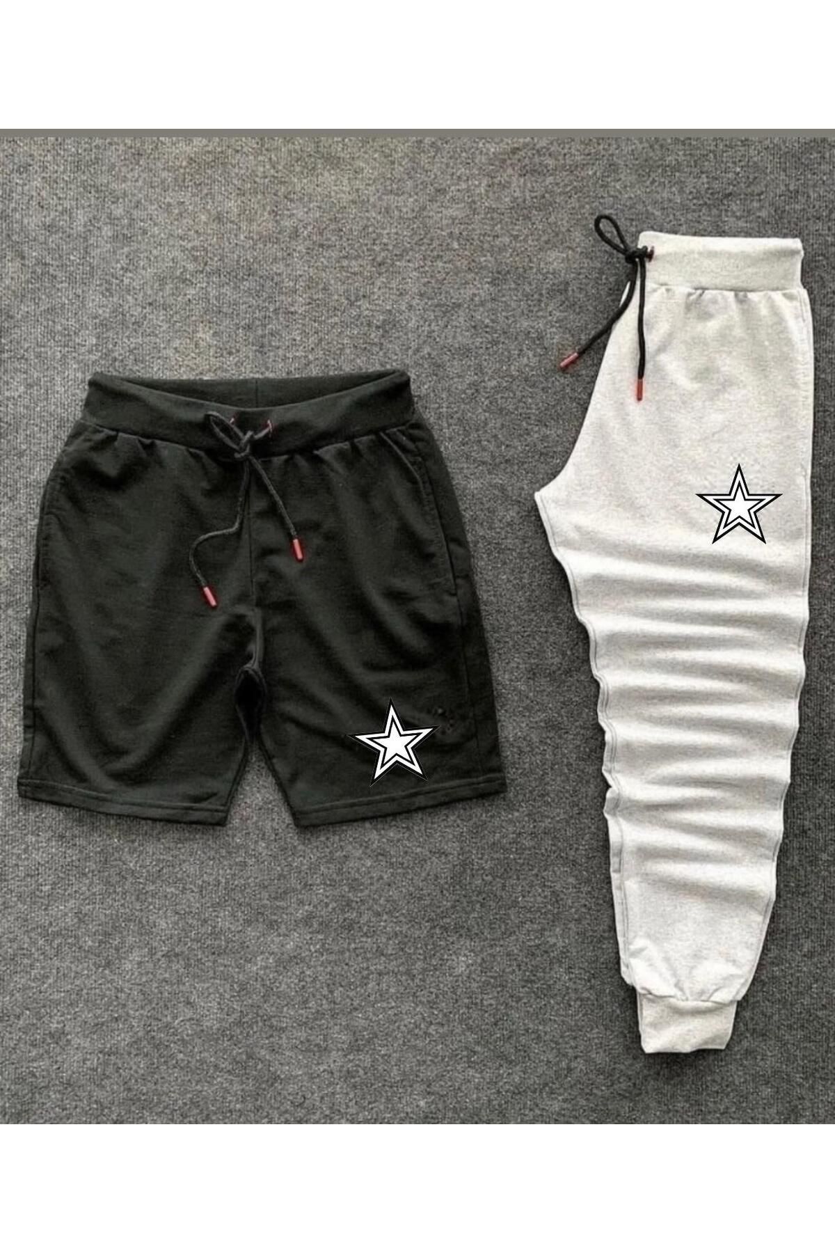 woonkey UNISEX SİYAH VE GRİ BASKILI BEL LASTİKLİ EŞOFMAN ŞORT 2 'Lİ TAKIM