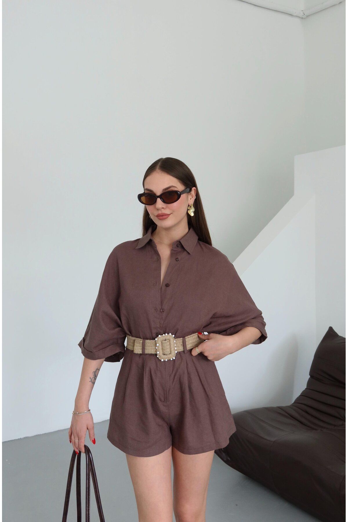Lady Pixie Hasır Kemerli Gömlek Şort Takım