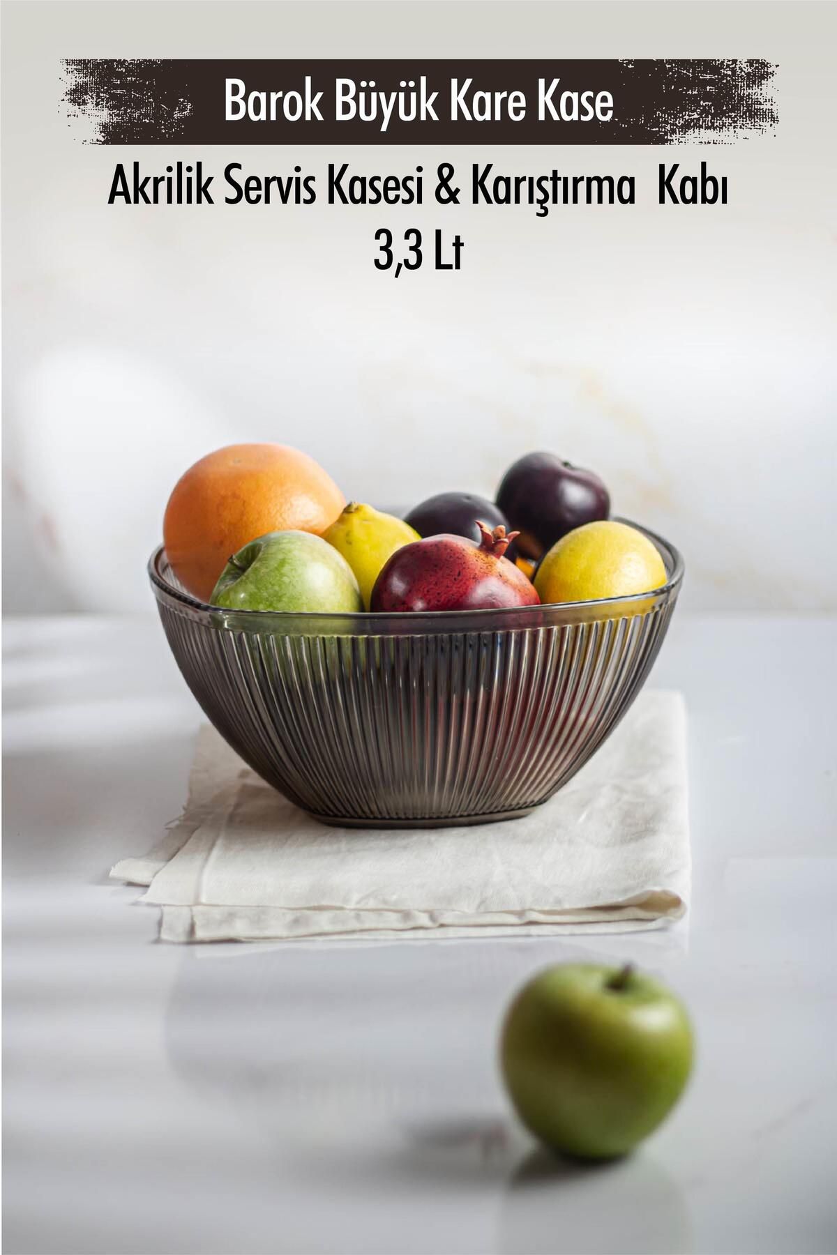 Shop58 Akrilik Barok Füme Büyük Kare Meyve & Salata Kasesi & Karıştırma Kabı / 3,3 Lt (CAM DEĞİLDİR)