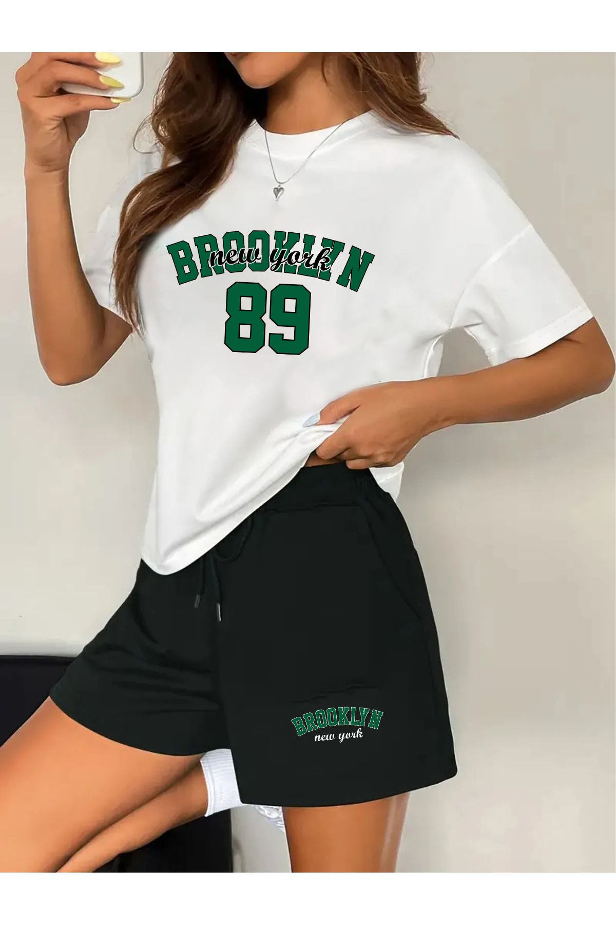 darkopia Kadın Brooklyn New York 89 Baskılı Özel Tasarım Oversize Tshirt Ve Şort Alt -Üst Takım