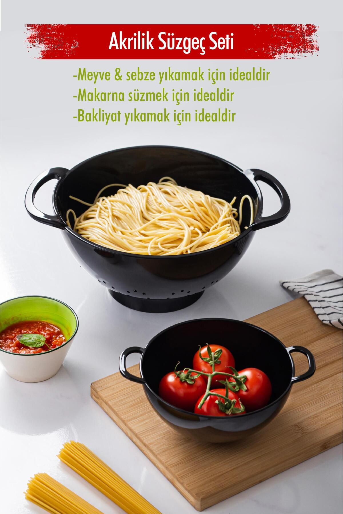 Shop58 Akrilik Siyah 2 Li Süzgeç Seti ( Makarna & Pirinç Süzgeci )