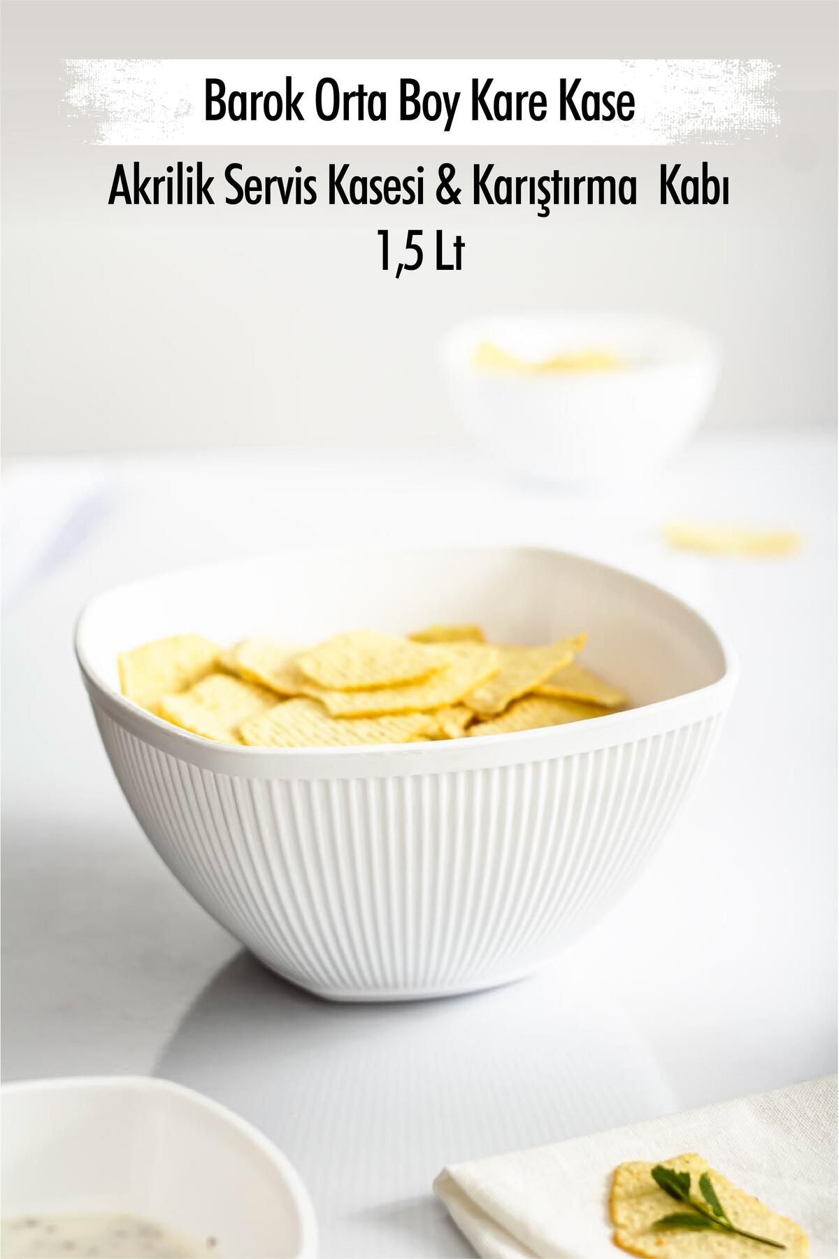 Shop58 Akrilik Barok Beyaz Orta Boy Kare Meyve & Salata Kasesi & Karıştırma Kabı / 1,5 Lt (CAM DEĞİLDİR)