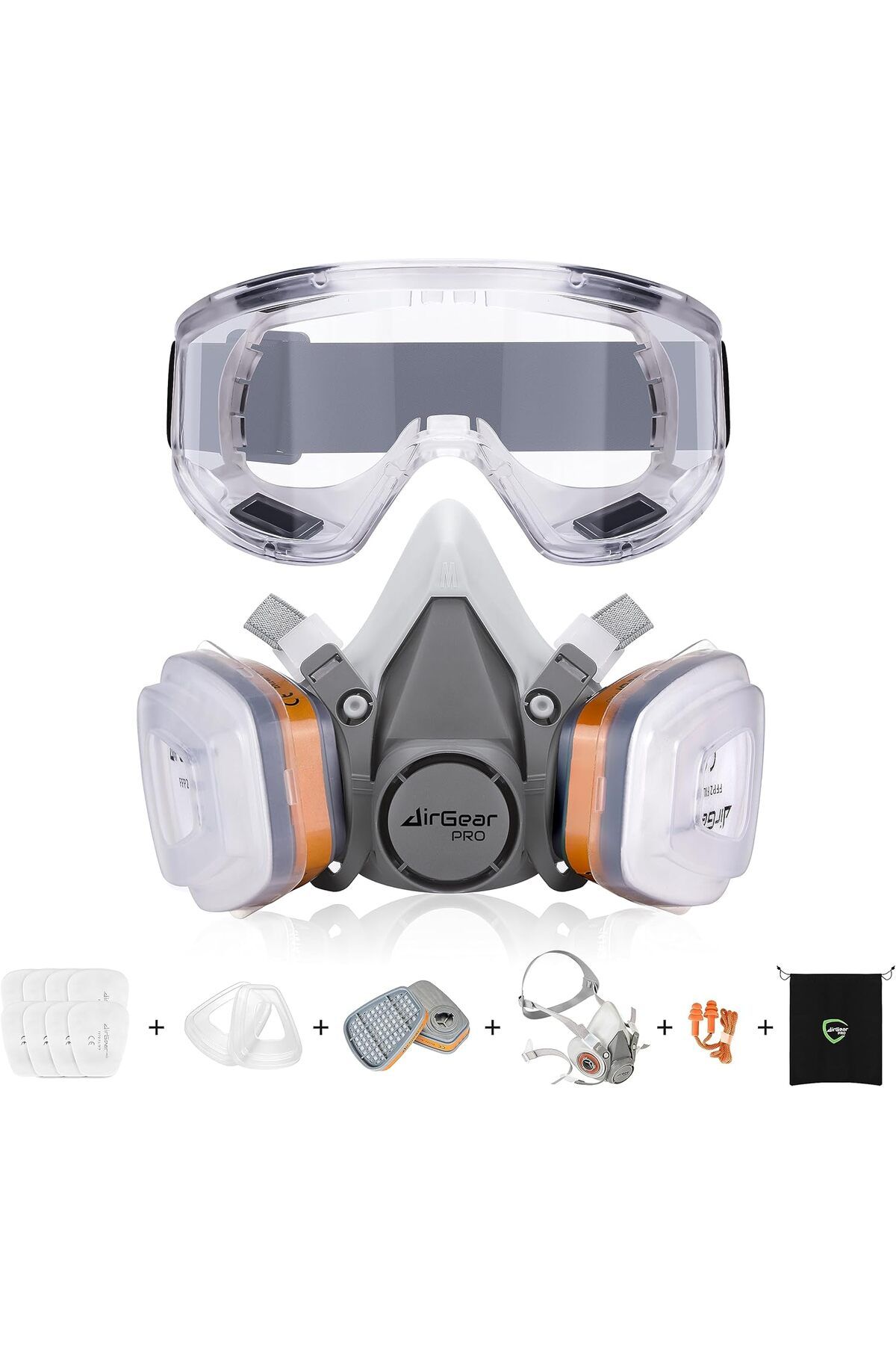 AirGearPro G-500 A1P2 Filtreli ve Güvenlik Gözlüklü Tekrar Kullanılabilir Solunum Maskesi