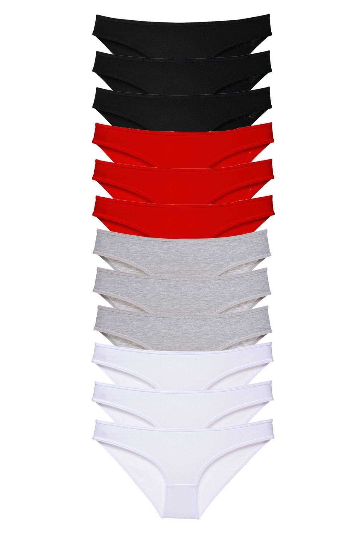 Shop58 12 adet Süper Eko Set Likralı Kadın Slip Külot Siyah Kırmızı Gri Beyaz