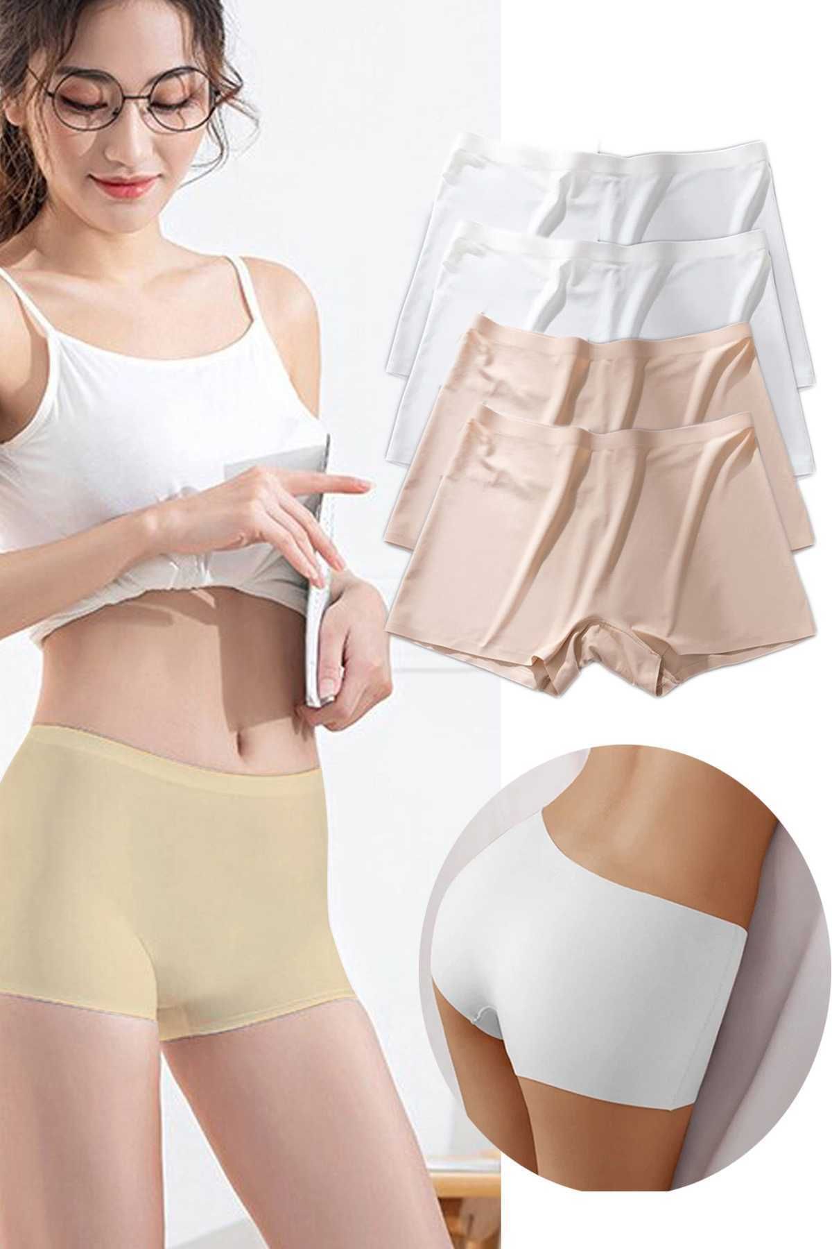 Shop58 4 Adet Kadın Dikişsiz Görünmez İz Yapmaz Mini Şort Boxer Beyaz Ten