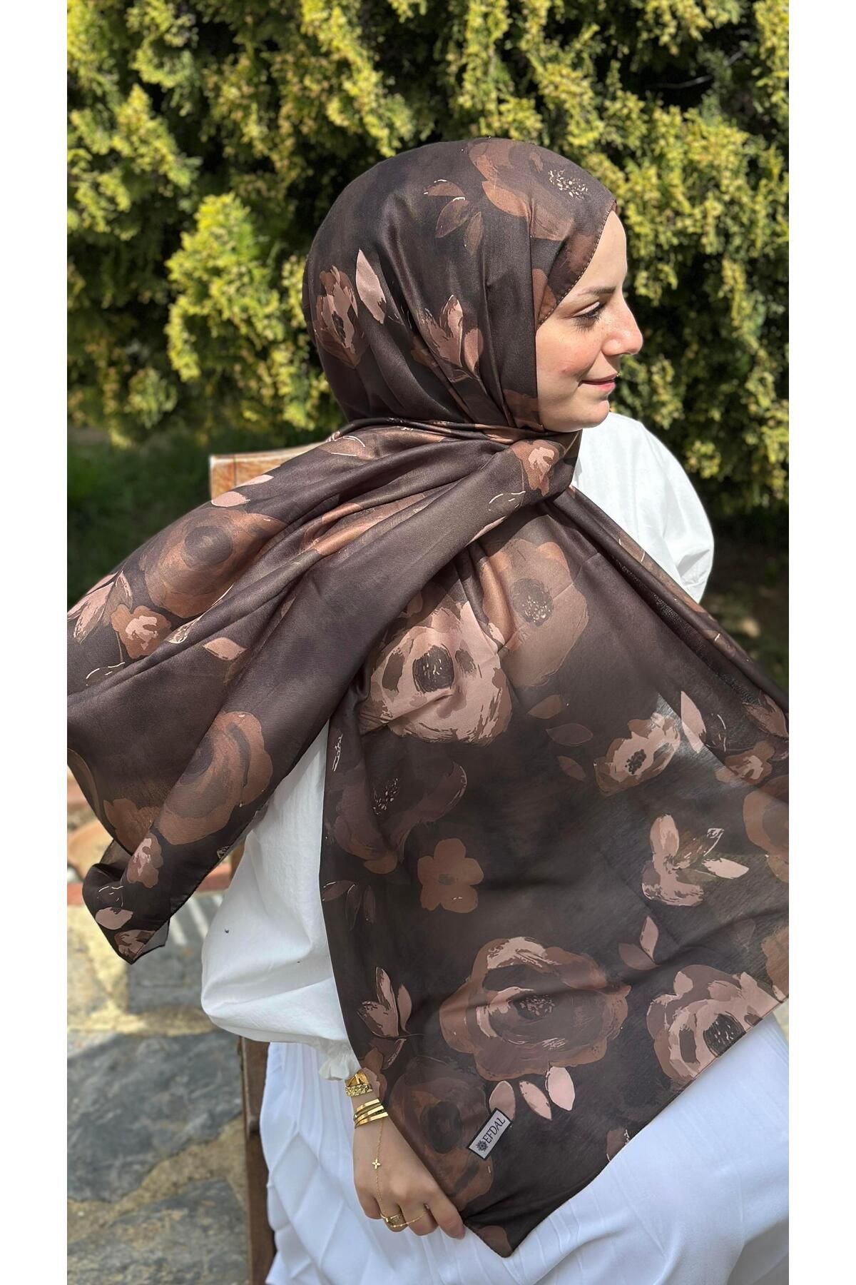 modayışığı Gül Desen Kahve Soft Pamuk Şal