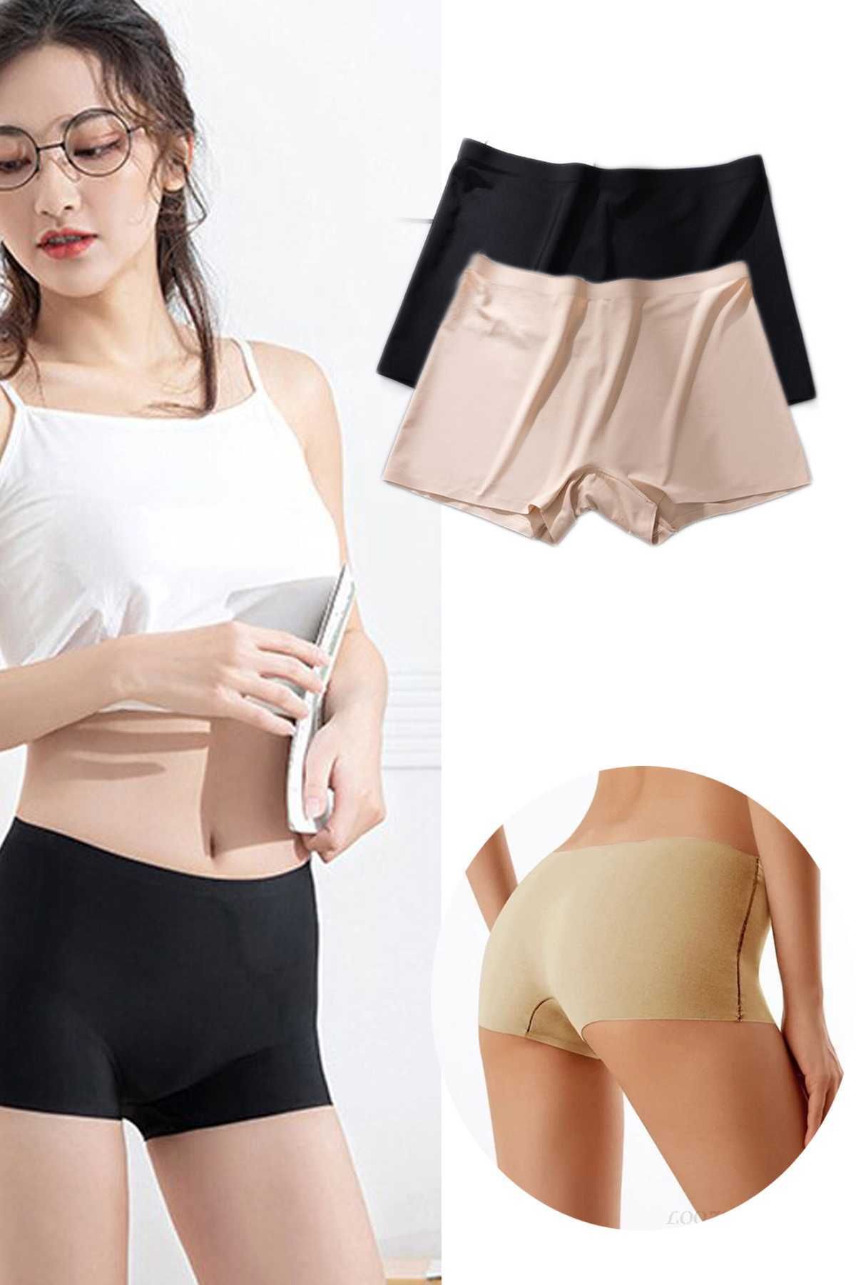 Shop58 2 Adet Kadın Dikişsiz Görünmez İz Yapmaz Mini Şort Boxer Siyah Ten