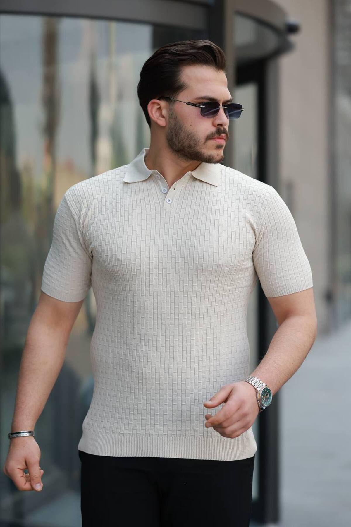Gameyal Erkek Rahat Kalıp Kare Desenli Polo Yaka Triko Tişört