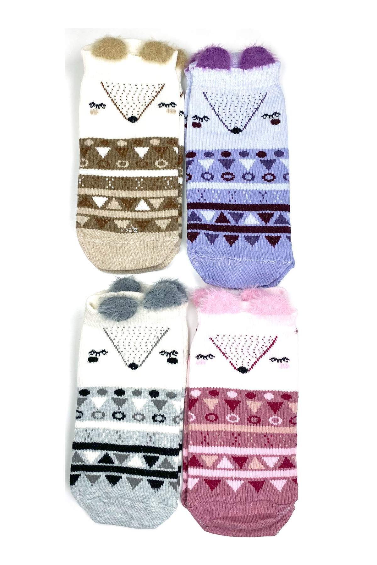 Shop58 4 Çift Yumuşak Ponpon 3 Boyut Kulaklı Desenli Pamuklu Kadın Bilek çorap