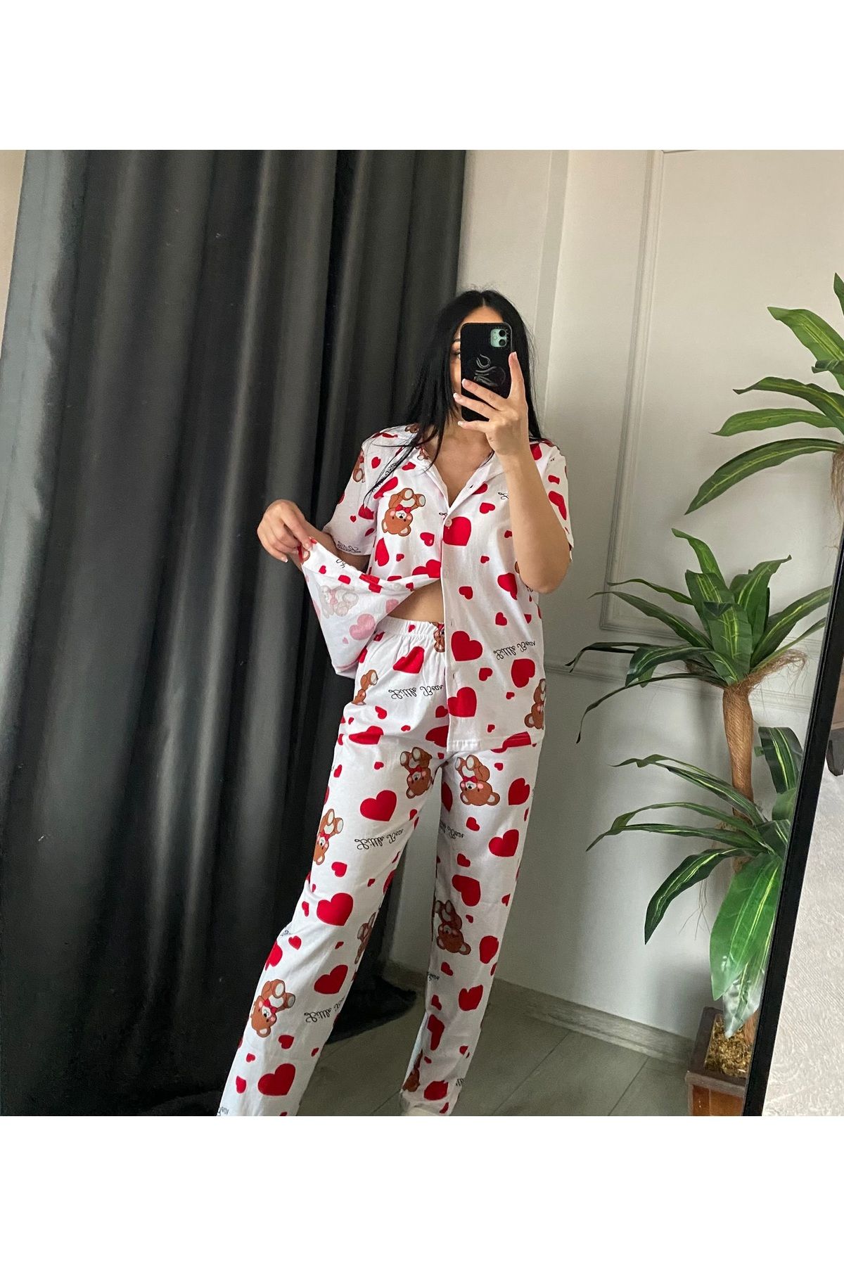 noir boutique Penye Kalp Desen Kısa Kol Pijama Takım