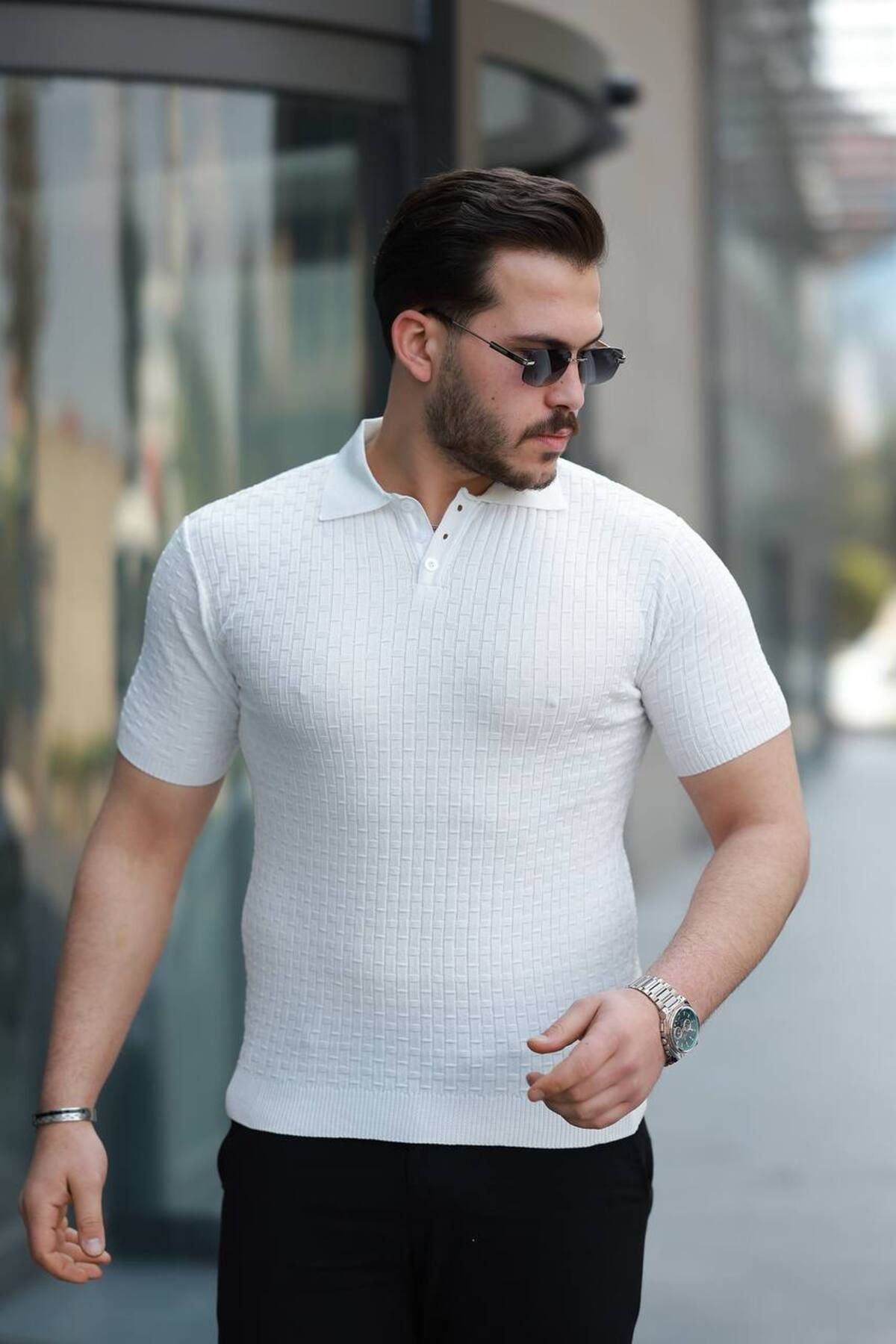 YONEZ MODA Erkek Rahat Kalıp Kare Desenli Polo Yaka Triko Tişört