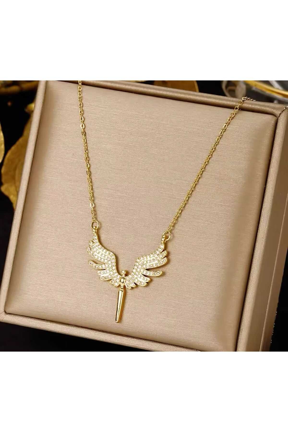 stainles steel Çelik Gold Taşlı Melek Kolye