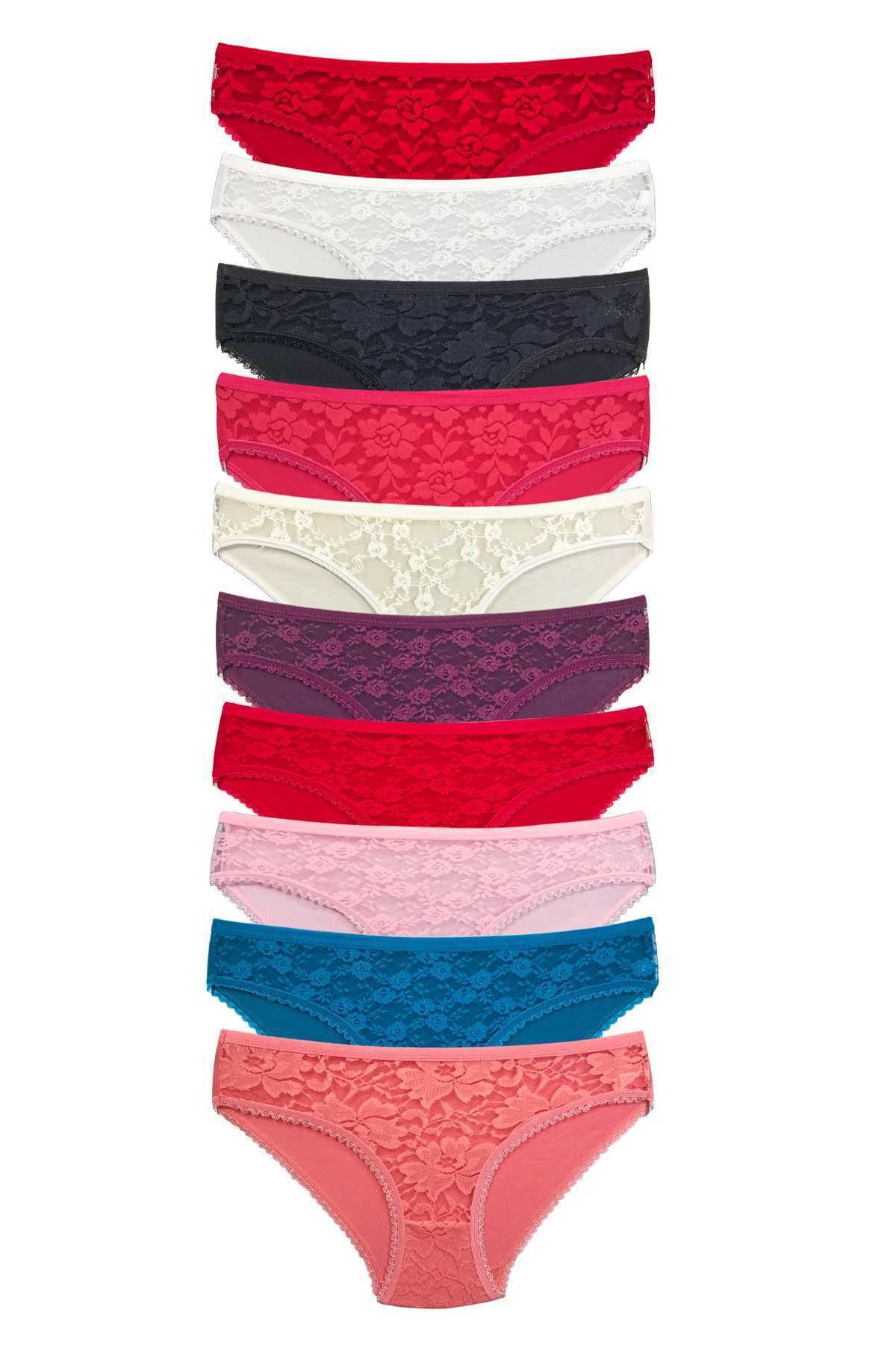 Shop58 10 Adet Önü Dantelli Transparan Kadın Slip Külot S231
