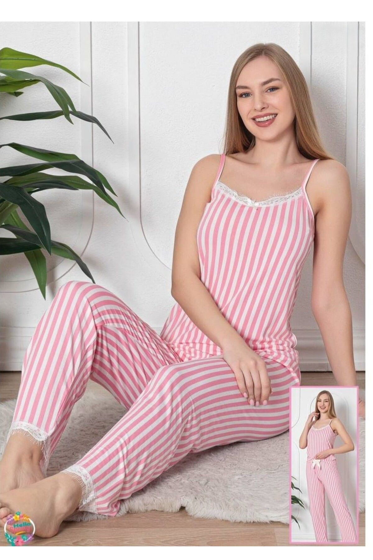 AyCaTa Çizgili İp Askılı Dantelli Pembe Kadın Pijama Takımı