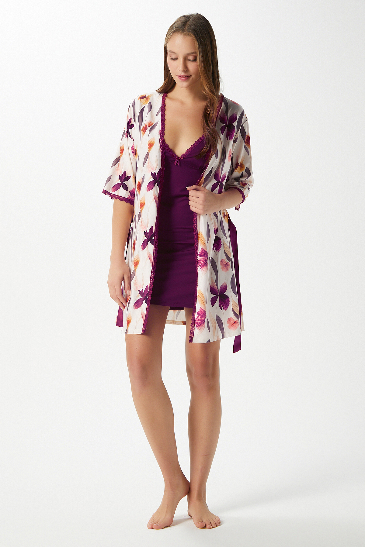 Ritnice Kadın Mary Mürdüm Çiçek Desen Sabahlıklı Gecelik İkili Pijama Takım