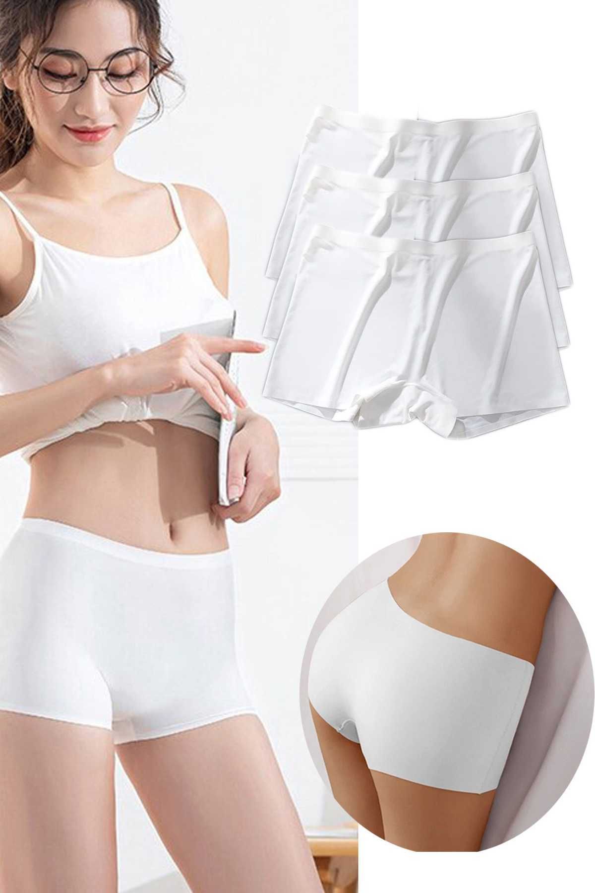 Shop58 3 Adet Kadın Dikişsiz Görünmez İz Yapmaz Mini Şort Boxer Beyaz
