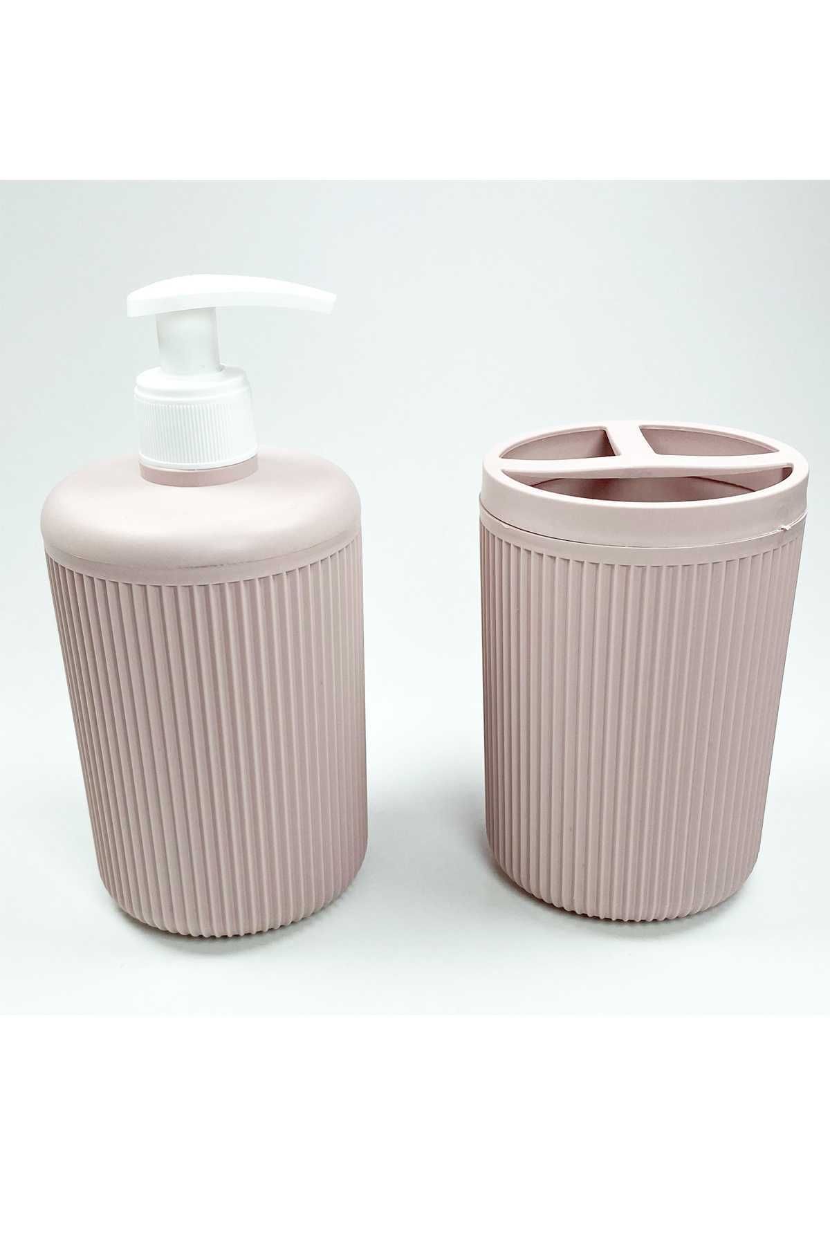 Shop58 Plastik Sıvı Sabunluk ve Diş Fırçalık Set Renk Pudra