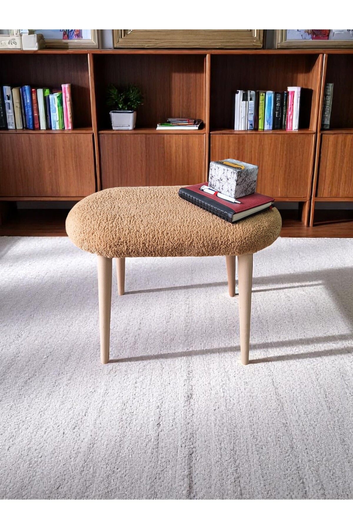 OWNHOME Minimalist Teddy Kumaş Tabure, Ahşap Ayaklı Tabure, Salon, Ofis, Makyaj Masası, Yemek Masası