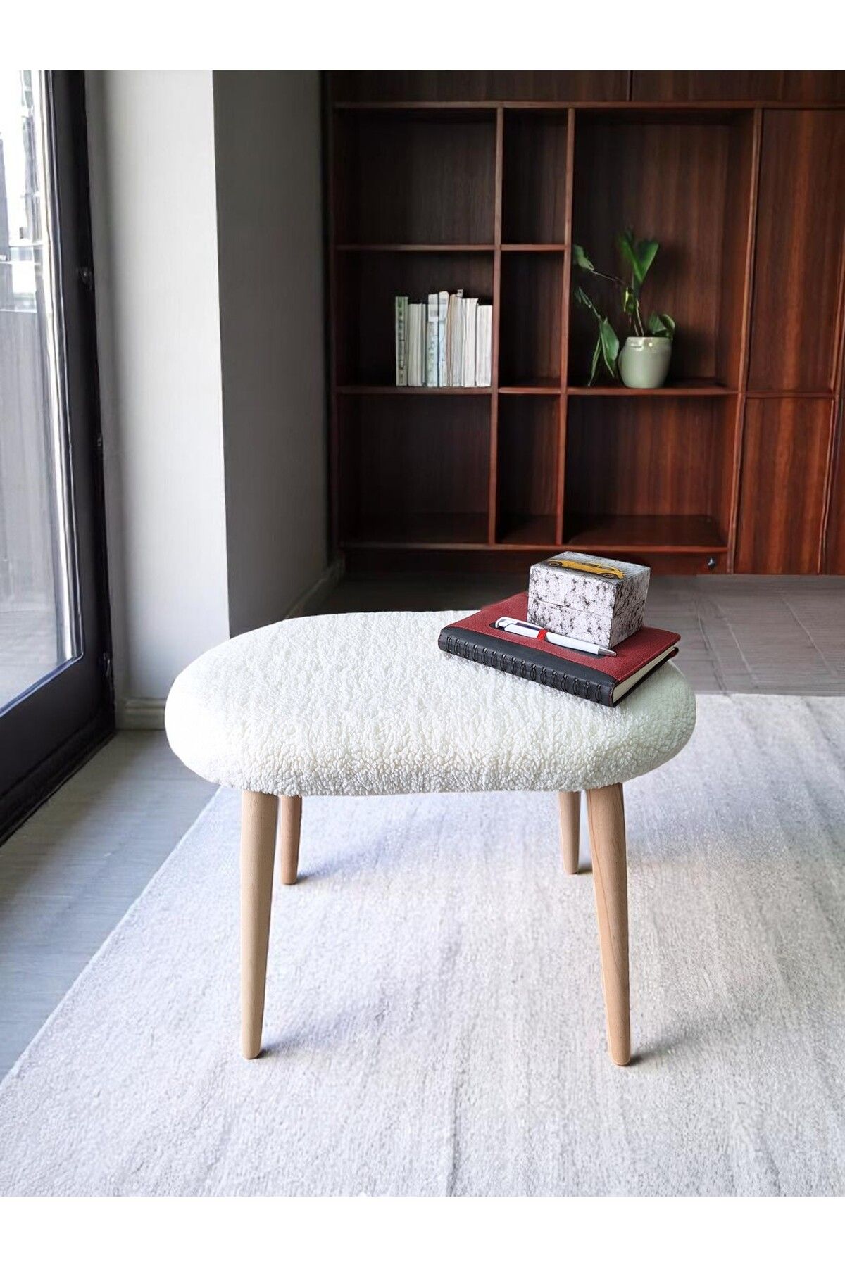 OWNHOME Minimalist Teddy Kumaş Tabure, Ahşap Ayaklı Tabure, Salon, Ofis, Makyaj Masası, Yemek Masası