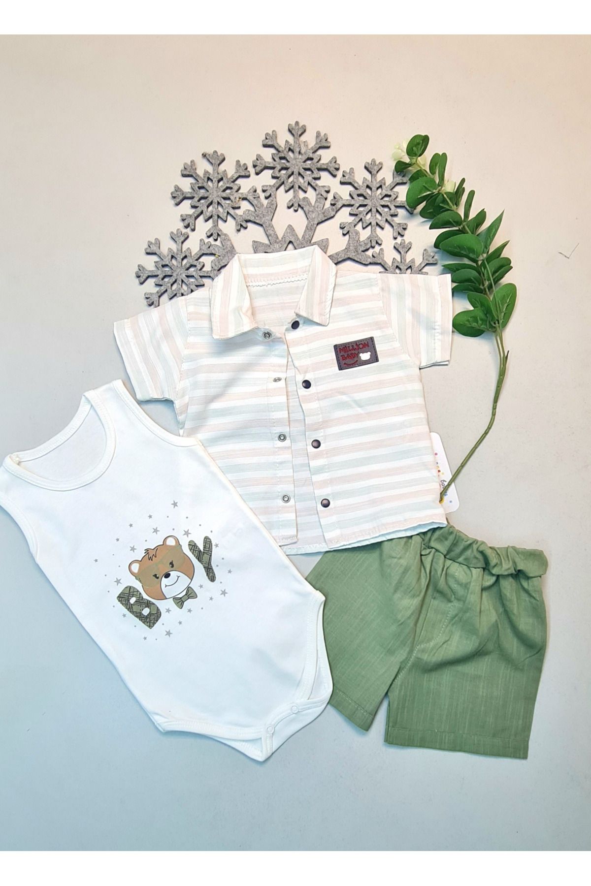 Shop58 Bebek Kolsuz Çıtçıtlı Body Keten Şort ve Kısa Kol Gömlek 3 Lü Takım Yeşil Hediyelik
