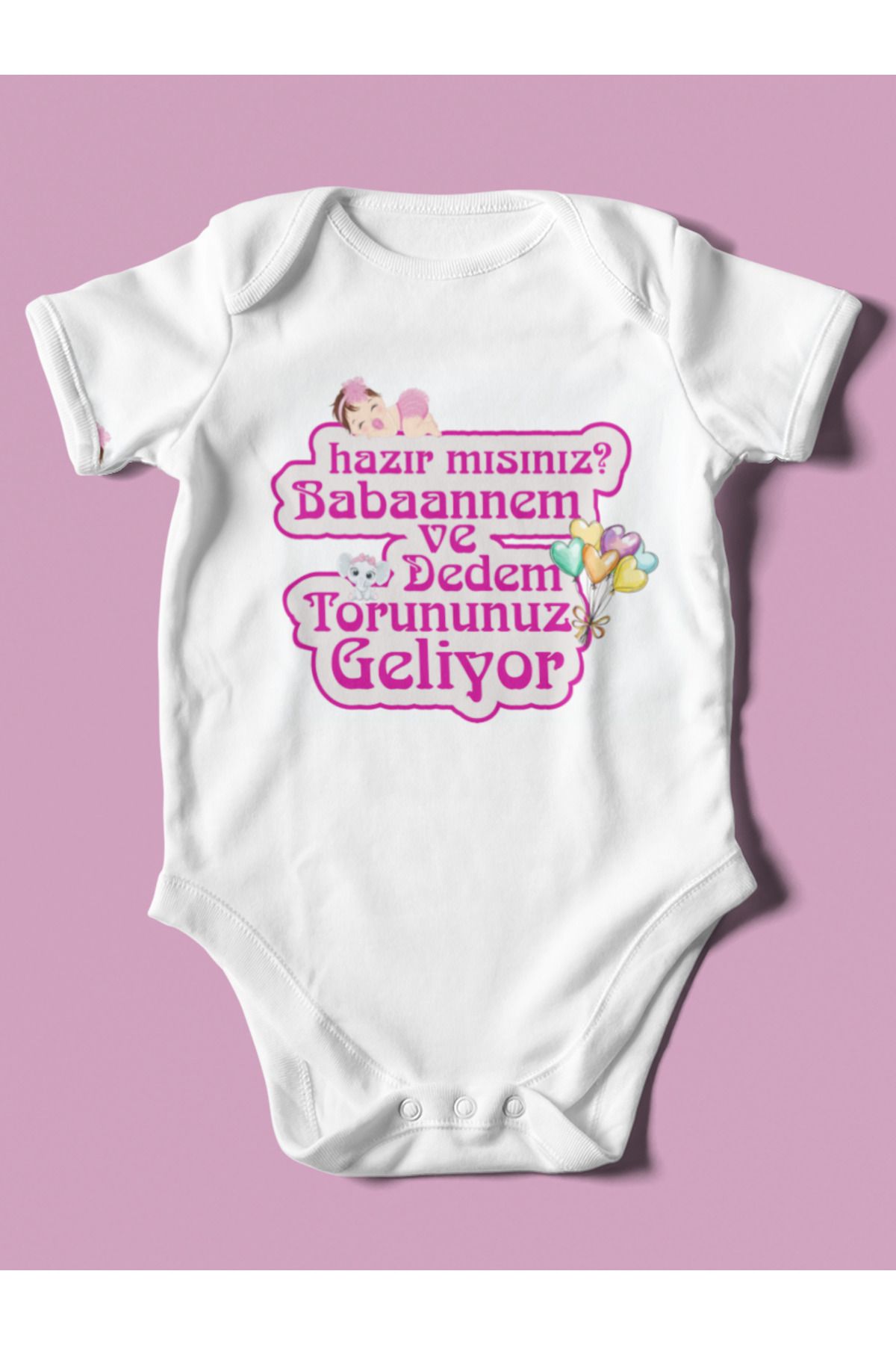 Levon Hazır Mısın Babaanem ve Dedem Torununuz Geliyor kız bebek Baskılı Çıtçıtlı Body %100 Pamuk Zıbın