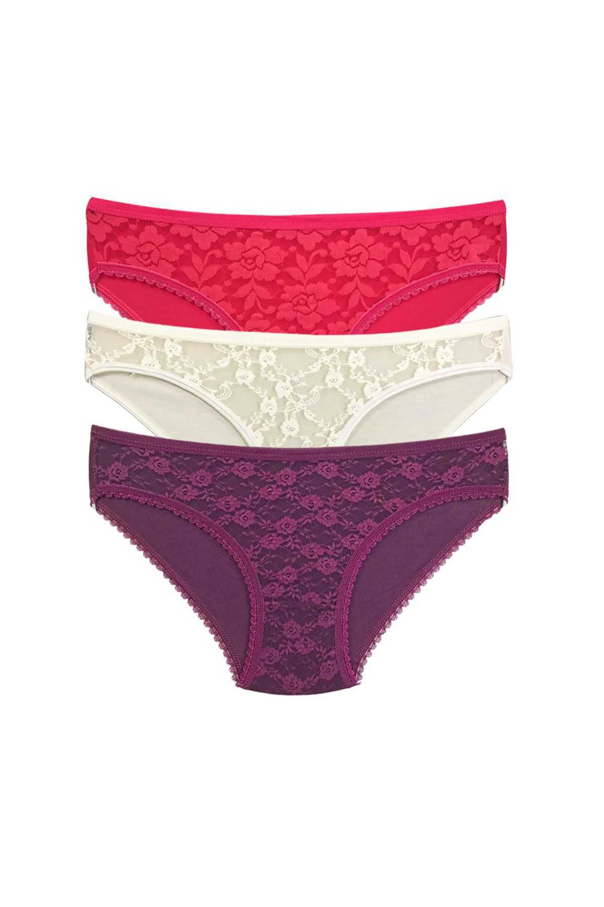 Shop58 3 Adet Önü Dantelli Transparan Kadın Slip Külot S85