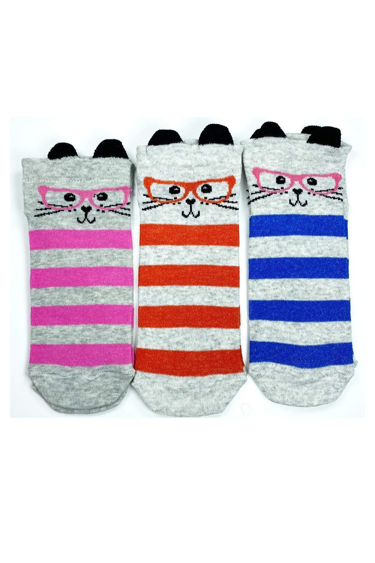 Shop58 3 Çift Kedi Temalı 3 Boyut Kulaklı Pamuklu Esnek Kadın Bilek Çorap