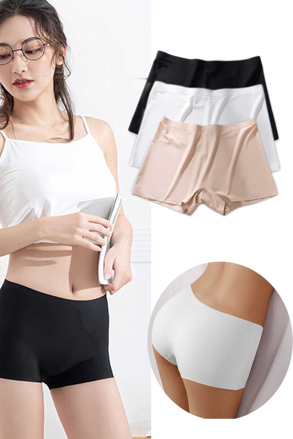 Shop58 3 Adet Kadın Dikişsiz Görünmez İz Yapmaz Mini Şort Boxer Siyah Beyaz Ten