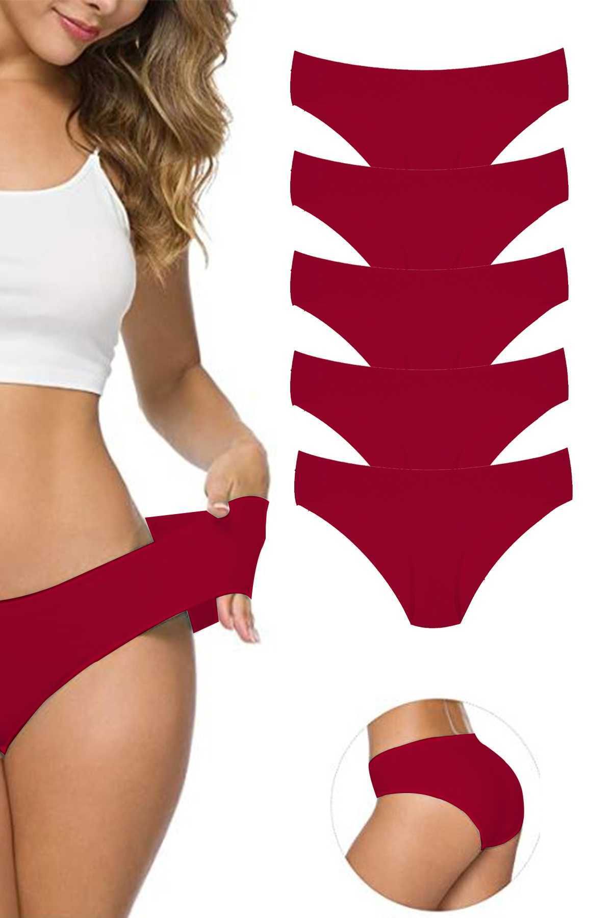 Shop58 5 Adet Kadın Dikişsiz Lazer Kesim Esnek İz yapmayan Külot Bordo
