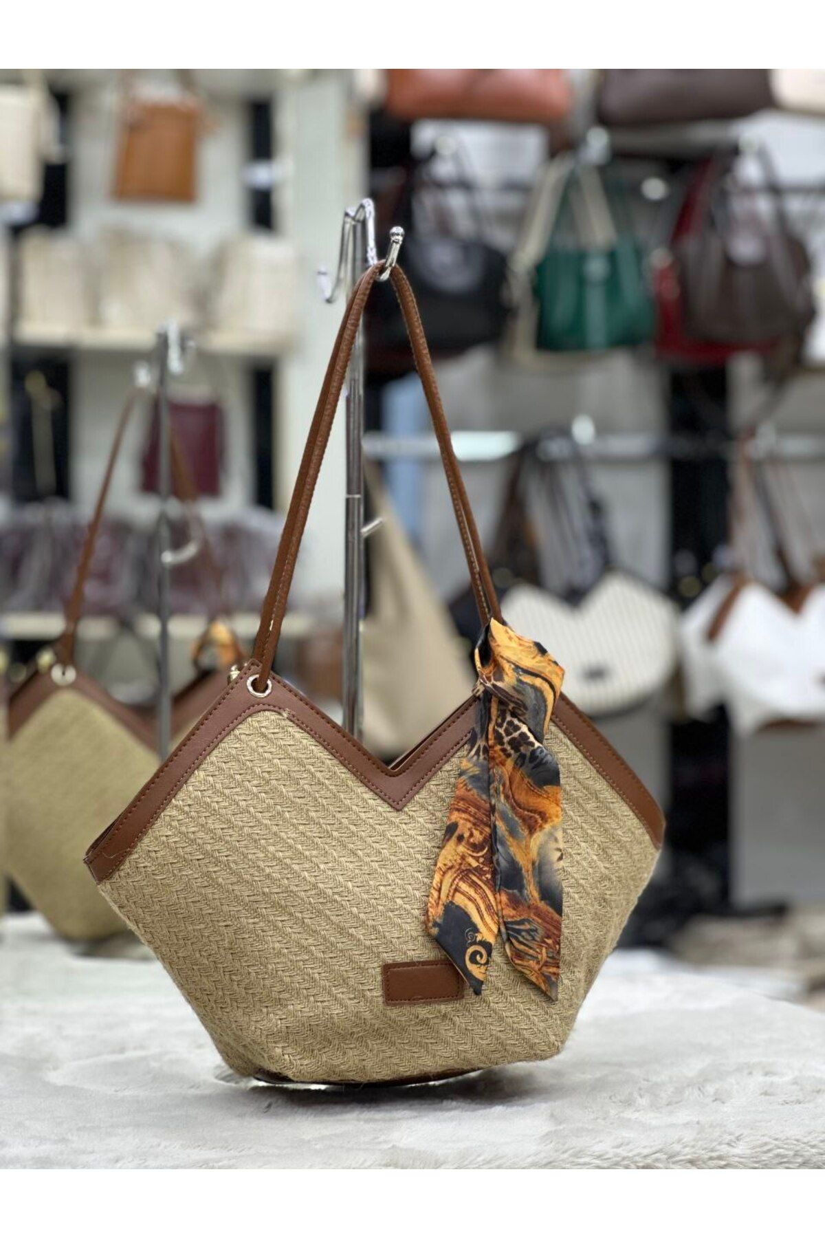 Salre Accessory Fularlı Hasır kadın omuz çanta