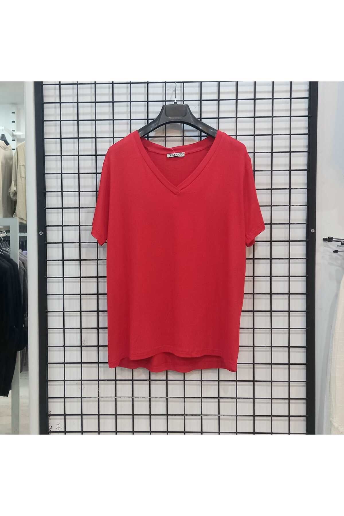 Butik Şans Kısa Kollu V Yaka Viskon Penye Basic T-Shirt
