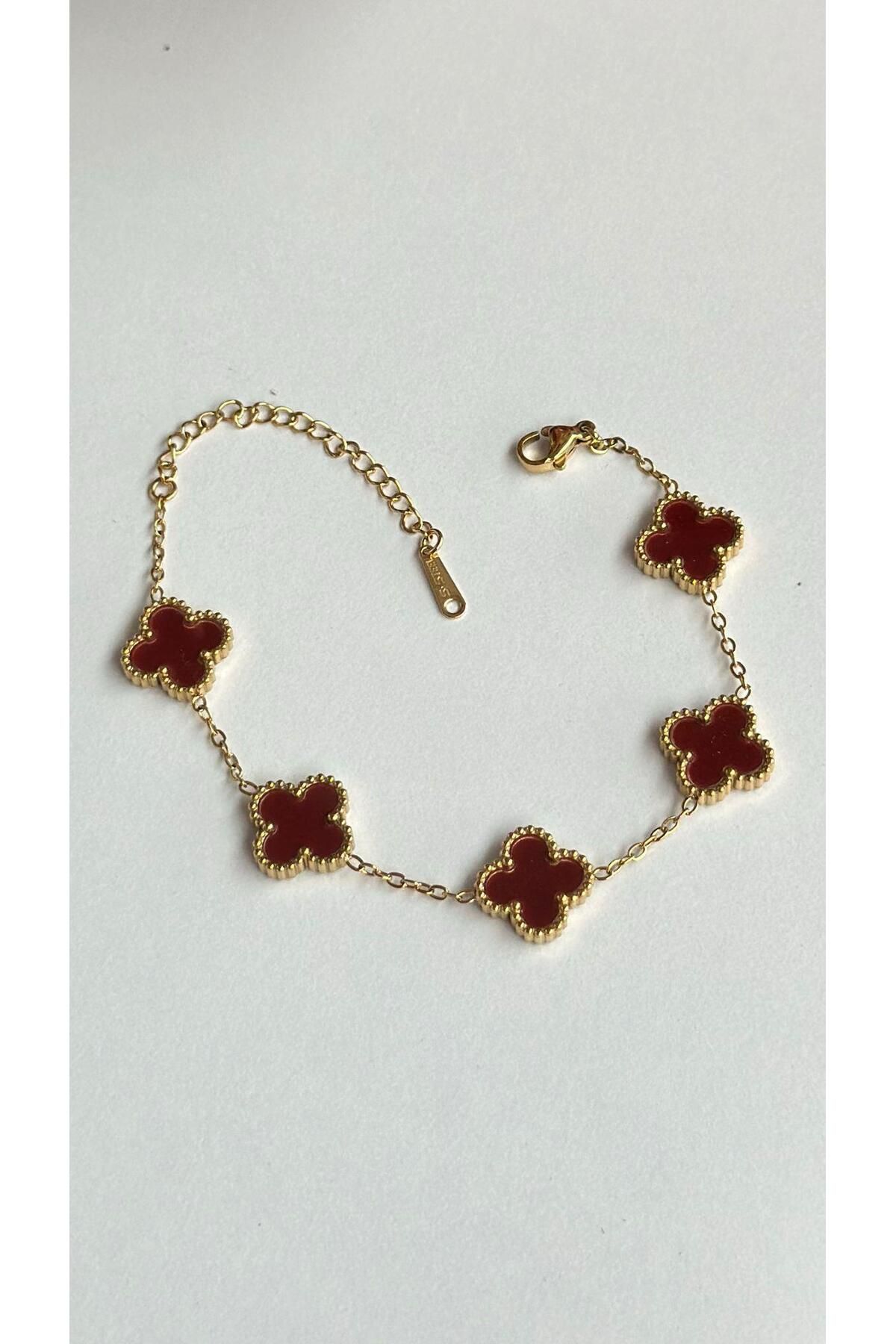 modayışığı Yonca Çelik Bileklik Gümüş Gold Bordo Renk